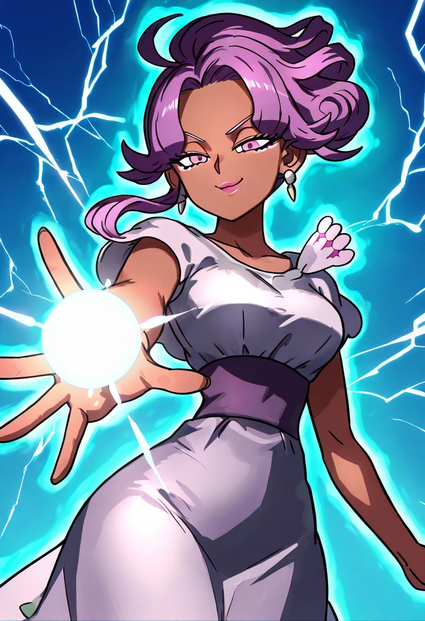 masterpiece, best quality, solo, curvy, beautiful eyes, narrow waist, wide hips, 1girl, solo, smile, looking at viewer, dynamic angle, foreshortening, close up, zzTulip, purple eyes, purple hair, dark skin, dark-skinned female, jewelry, earrings, dress, makeup, lipstick, ,<lora:TulipPokemon_NAI:1.0>, ,vivid aura, looking at viewer, blue background, smug, aura, super saiyan, charging energy, energy ball, energy, lightning, <lora:DBSBroly_Style_IXL_v2:0.6>,