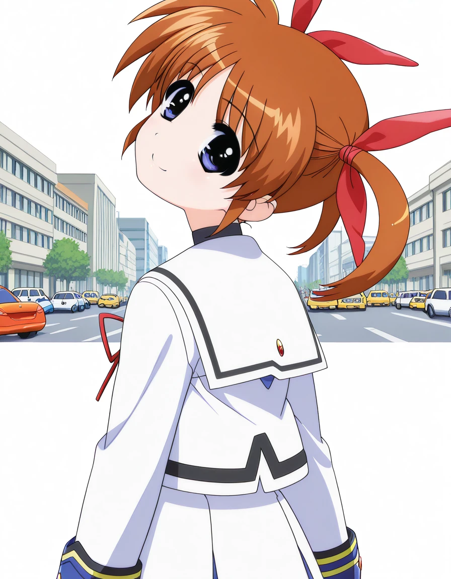 masterpiece, best quality, amazing quality,, <lora:nanoha-takamachi-movie2-illustriousxl-lora-nochekaiser:1>, nanoha takamachi, takamachi nanoha, brown hair, twintails, blue eyes, anime screencap, long sleeves, ribbon, school uniform, serafuku, long sleeves, red ribbon, white sailor collar, white shirt, white skirt, black trim,, <lora:shaft-look-illustriousxl-lora-nochekaiser:1>, shaft look, looking back, from behind, head tilt, upper body, smile,, street, cars, buildings, city, people, cowboy shot, solo, looking at viewer, <lora:transparent-background-illustriousxl-lora-nochekaiser:1>, transparent background, simple background, white background