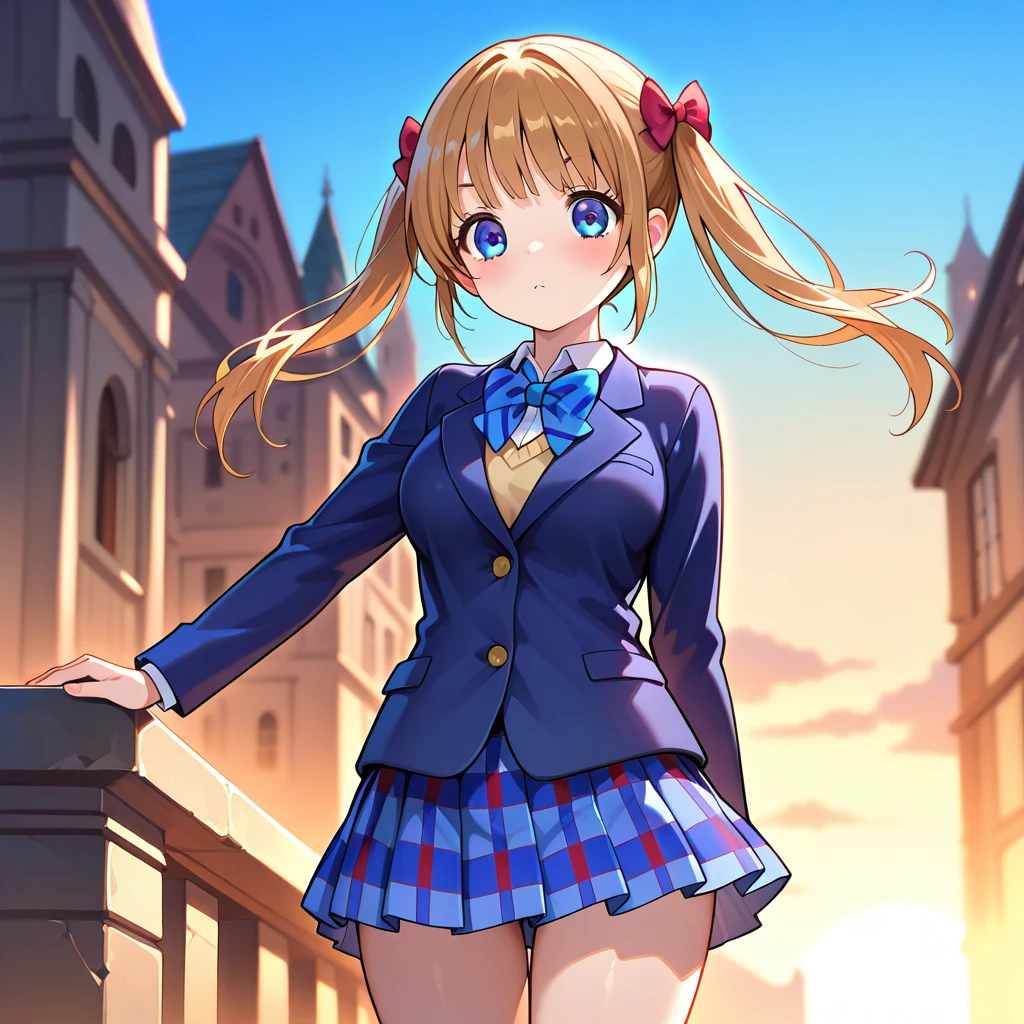 The Tower of Oblivion: A stronghold where forgotten secrets and dark magic are hidden,,1girl,<lora:ChevalierHistorie_JeanneV1.0_illustrious:0.9>,chevalier_face,brown hair,twintails,blue eyes,long hair, hair bow,, masterpiece, best quality, amazing quality, newest, otonokizaka school uniform,winter uniform,long sleeved,dark blue blazer,blue pleated plaid miniskirt