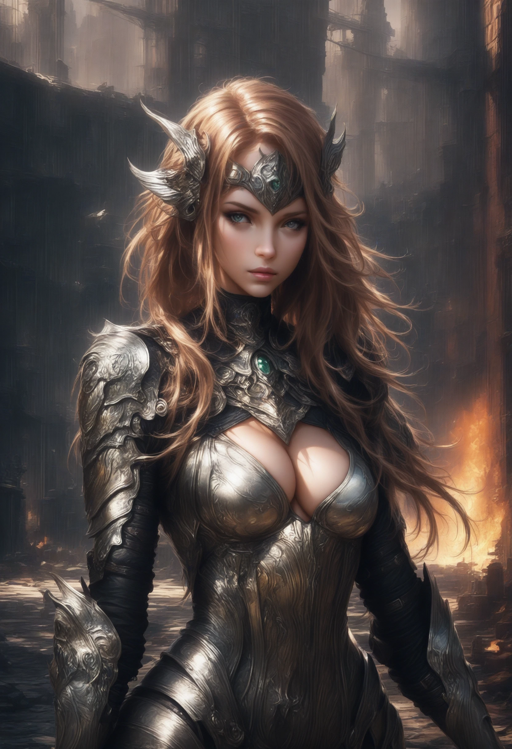 (masterpiece), best quality, ultra high res, slim body, 1girl, paladin girl, wildly long hair, looking at viewer, (dynamic pose), (dramatic angle), (white armor, full gauntlets), Dr490nSc4leAI, (outdoors, forest, wilderness), photon mapping, radiosity, physically-based rendering, cinematic lighting, intricate, High Detail, Sharp focus, dramatic, photorealistic,