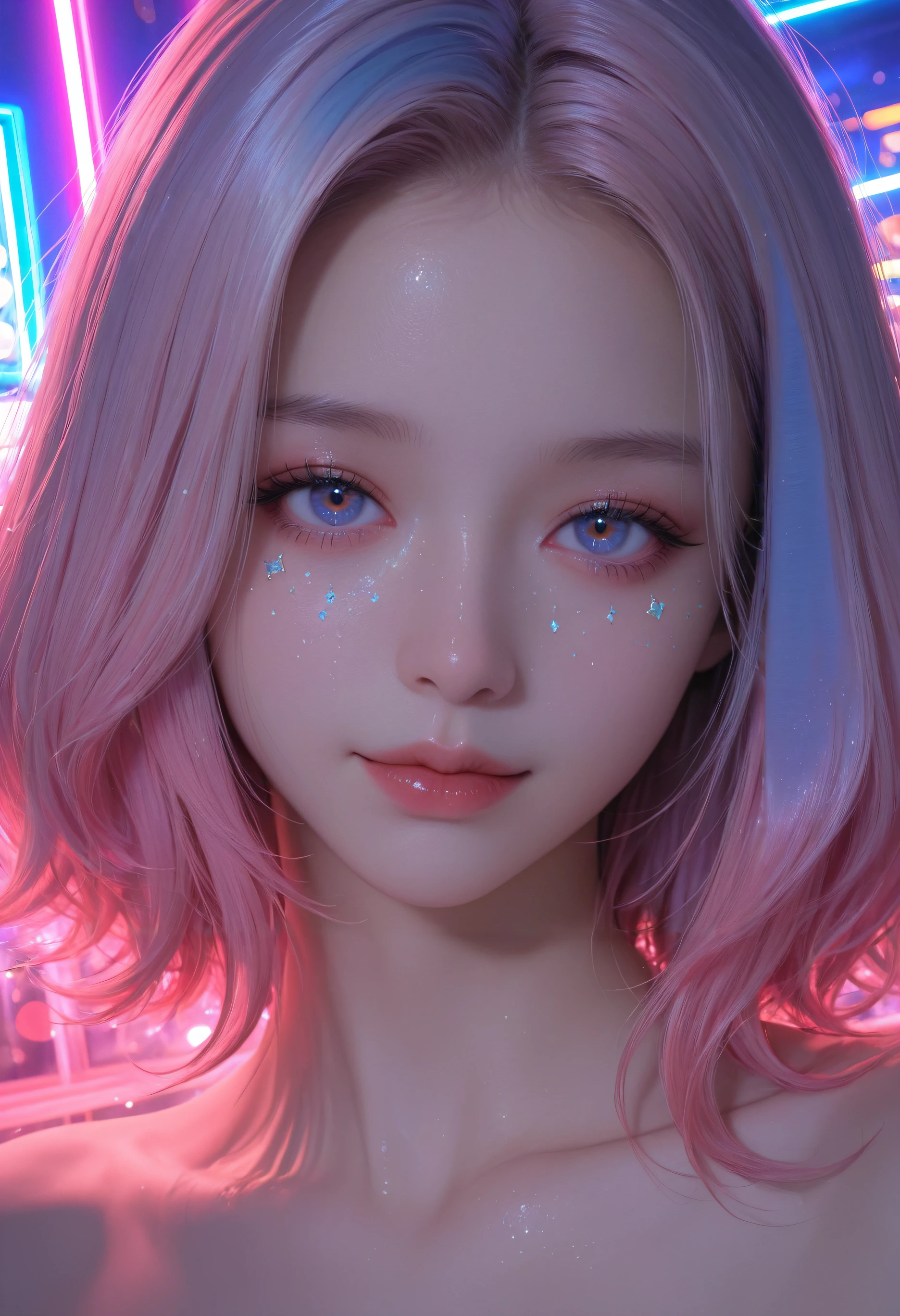 (masterpiece, best quality, ultra high res), (photorealistic, realistic skin texture, subtle skin details, soft lighting, natural skin), realistic, professional photo, 8k, uhd, absurdres, aesthetic, very aesthetic, gorgeous, high quality, low saturation, filmic tone, soft contrast, DSLR style, natural skin reflection, detailed anatomy, detailed background, detailed skin texture, matte skin, unretouched look, healthy skin tone, soft focus, close-up face,
BREAK,
neon lights, cyberpunk, futuristic, vibrant, cool mood, light leaks, bokeh, dreamy, ethereal, soft light, glittering particles, detailed background, extremely detailed background, sparkling carbonated bubbles, caustics, prism light, light projection, sparkly makeup, fluttering hair,
1girl, looking at viewer, light smile,