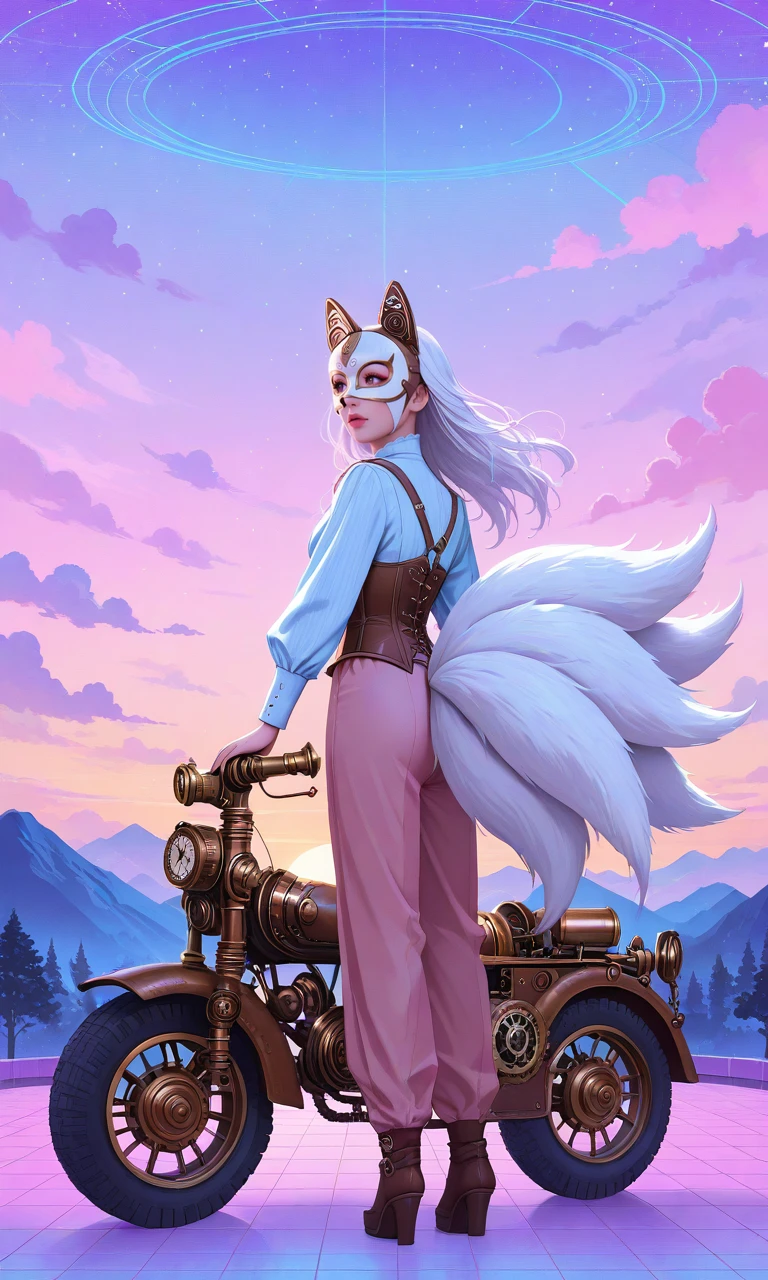 solo,1girl, long hair, white hair, fake animal ears, fox ears, mask, white mask, makeup, tree, sunset, cloud, mountain, solo focus, ground vehicle, motor vehicle, star (sky), multiple tails, fox tail,Vaporwave, pastel colors, pink theme, neon lights, holographic, steampunk, Victorian style, gears, metallic, clocks