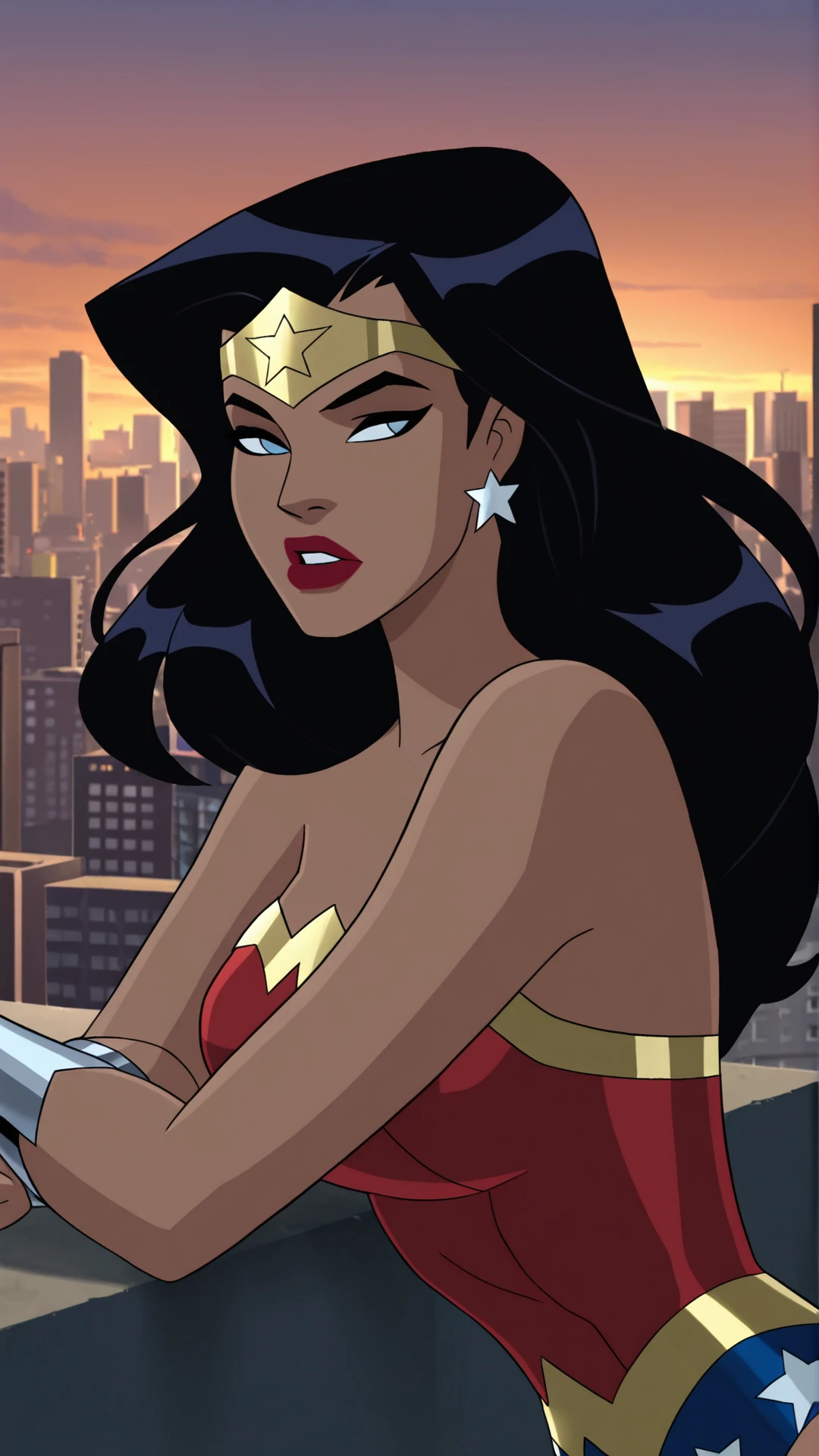 JLU_STYLE, Wonder Woman, 1girl, black hair, long hair, blue eyes, solo, jewelry, earrings, parted lips, dark skin, star (symbol), looking to the side, makeup, tiara, lipstick, red lips, bracer, star earrings, city, suburban, sunset, sunlight, superheroine, <lora:Justice_League_Unlimited_Style:0.9>