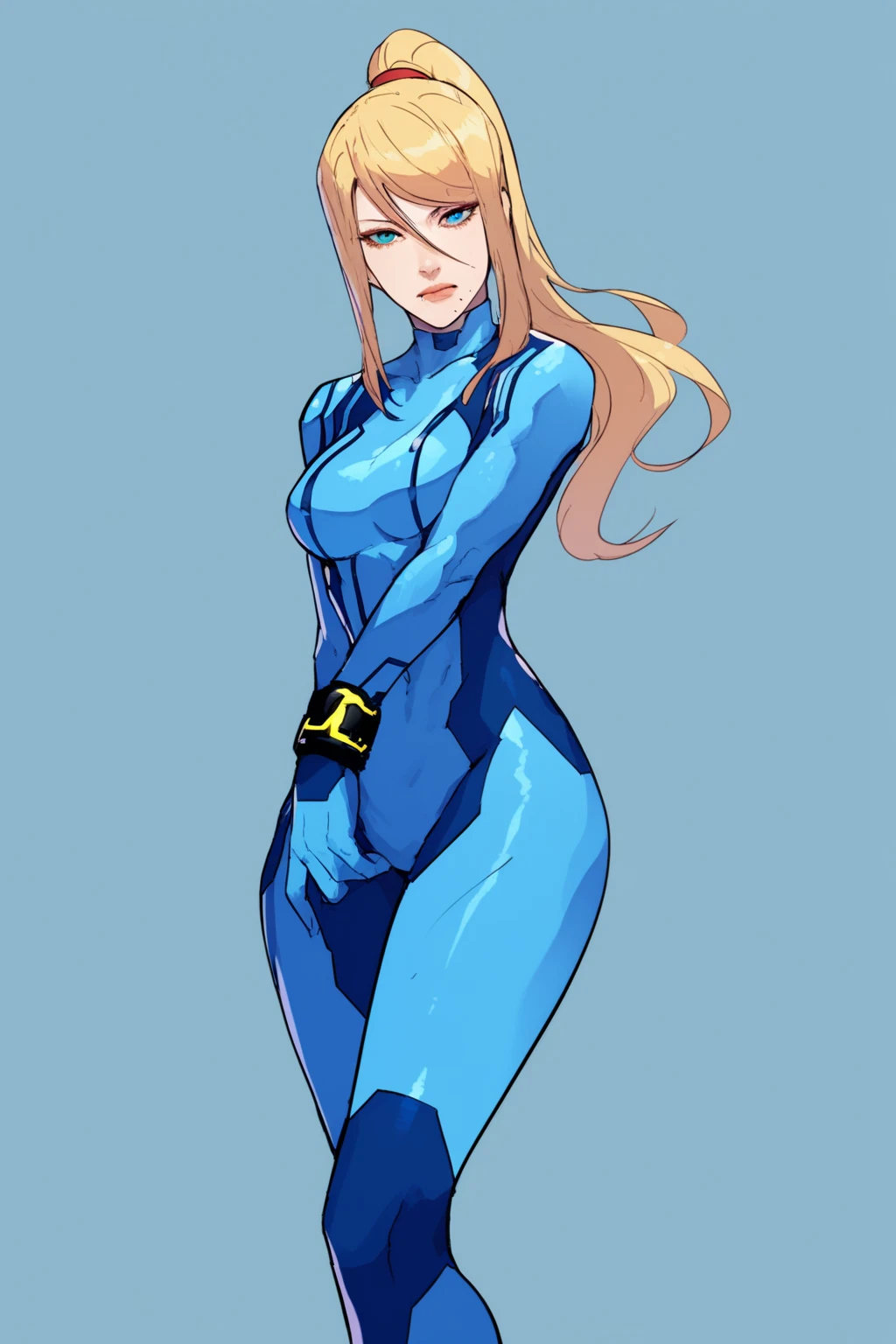 (high quality,Very detailed:1.37, High resolution), Woman, defSamus, blonde hair, bodysuit, blue clothes, blue pants, high heels, large breasts, (wetting herself:2.0), standing, (arms crossed:1.5), (embarrassed:1.5), (humiliation:1.5), (angry:1.25), (blushing:1.5), open mouth, Meticulous details, (extremely detailed eys:1.37), A moonlit sky with a futuristic hue