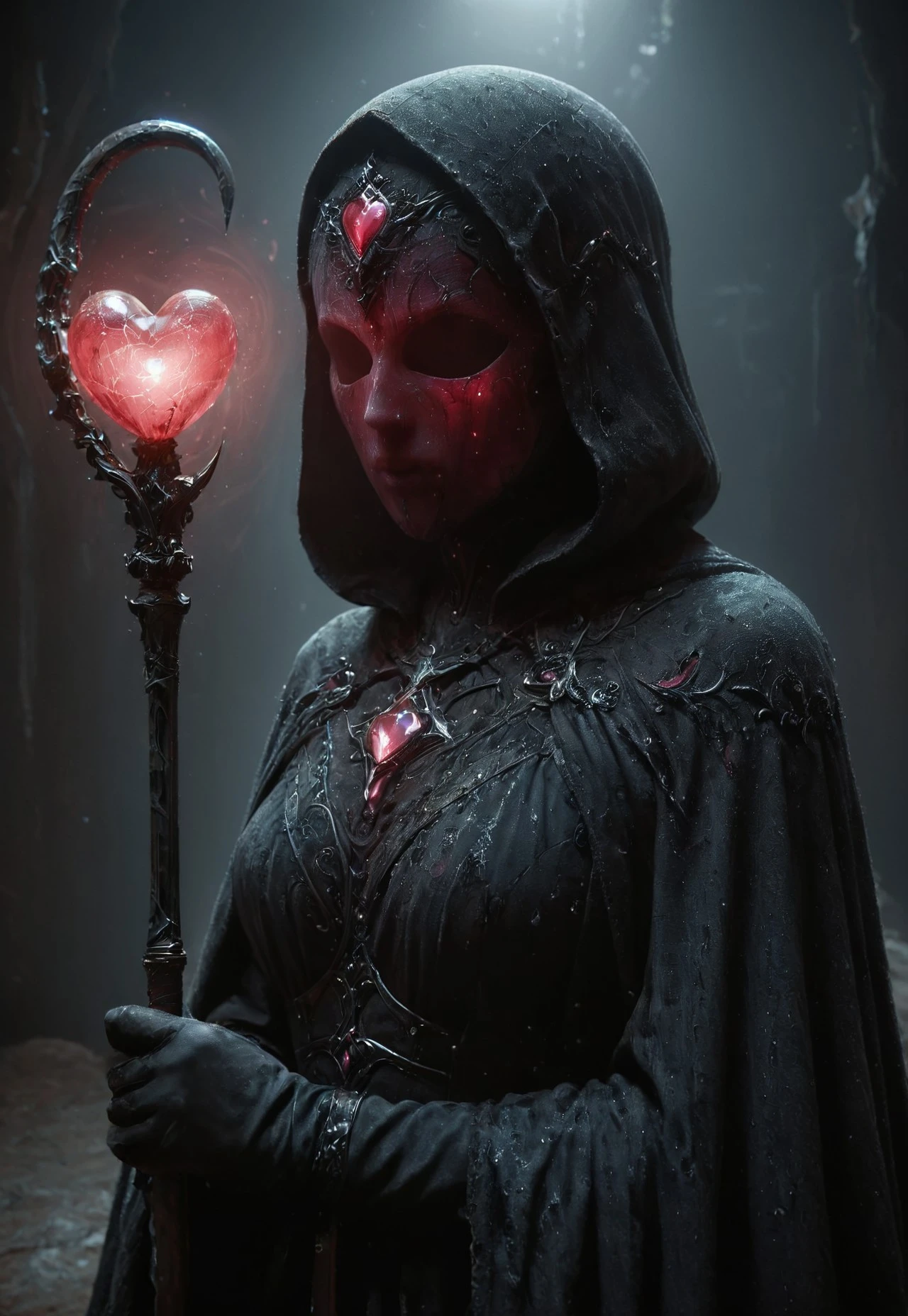 AtomicHeartTwinsCosplay in absolute darkness, profoundly no light, holding black-pink heart shaped orbstaff,
pointed hat, translucent skin, Describe the captivating scene captured in the vintage photograph featuring a Bedouin artist skillfully swallowing a massive sword in the style of Final Fantasy, amidst a mesmerized audience. Provide details about the artist's attire, the sword's intricate design, and the expressions of the onlookers as they witness this extraordinary performance., amazing quality, masterpiece, best quality, hyper detailed, ultra detailed, UHD, perfect anatomy, portrait, dof, hyper-realism, majestic, awesome, inspiring, closeup, an weathered outworn old Fantasy cape, smooth, Closeup, by Dring, rust paint peelz, atmospheric haze, cinamatic composition, soft shadows, national geographic style