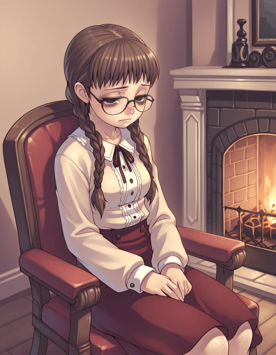 <lora:tasaka_shinnosuke_Illustrious:1>tsstyle
solo, calming, sweet, 1girl, lovely, sweather, freckles, glasses, calm, sitting, chair, half-closed eyes, bags under eyes, brown hair, braids, half-smile, content, fireplace, skirt