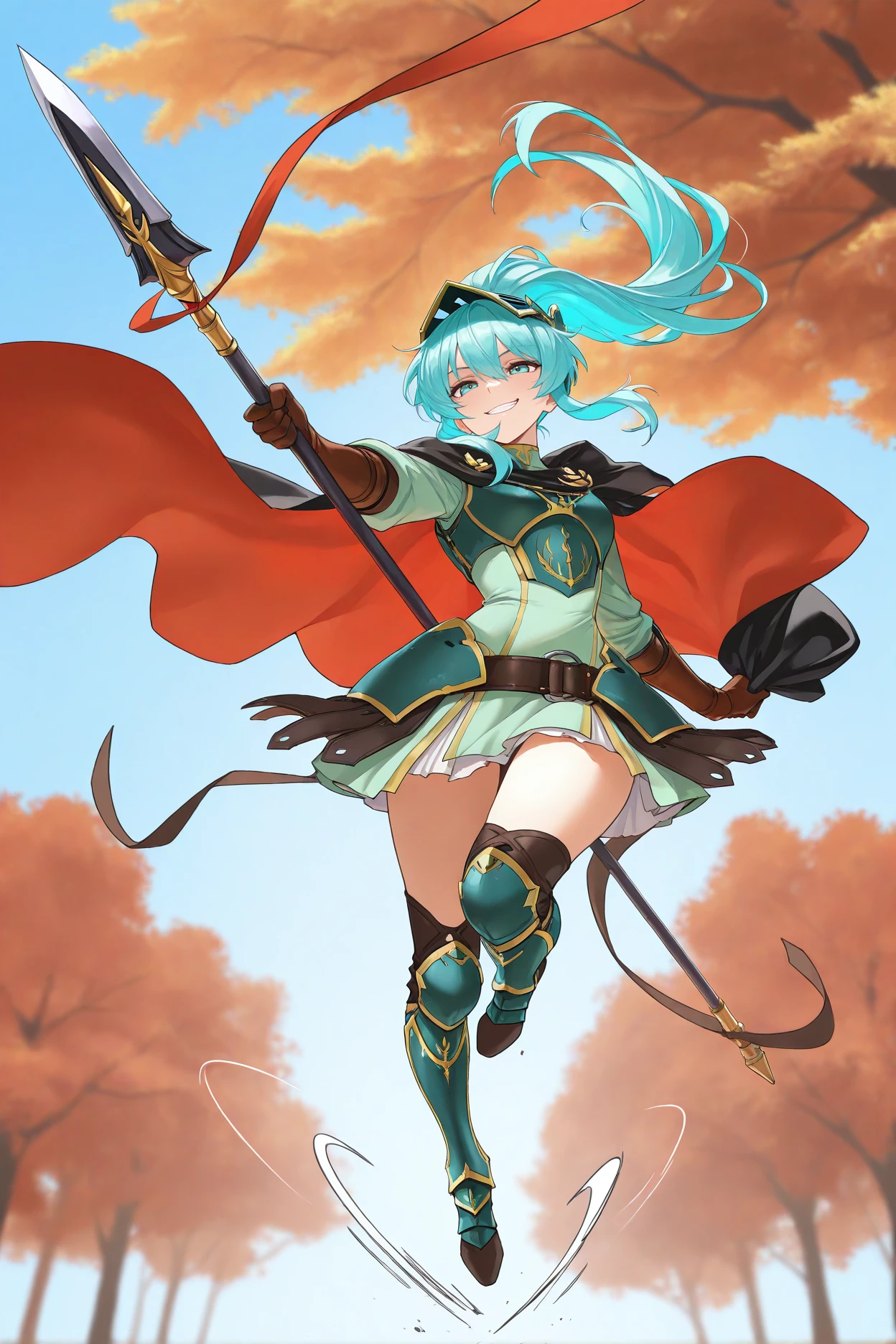 masterpiece, best quality, 1girl, solo, <lora:braveeirika-illu-nvwls-v1-000006:1> bver, aqua hair, high ponytail, hair between eyes, armored visor, red and black cape, green armor, breastplate, light green dress, belt, brown gloves, green greaves, full body, holding spear, jumping, grin, smirk, motion lines, blue sky, trees, autumn