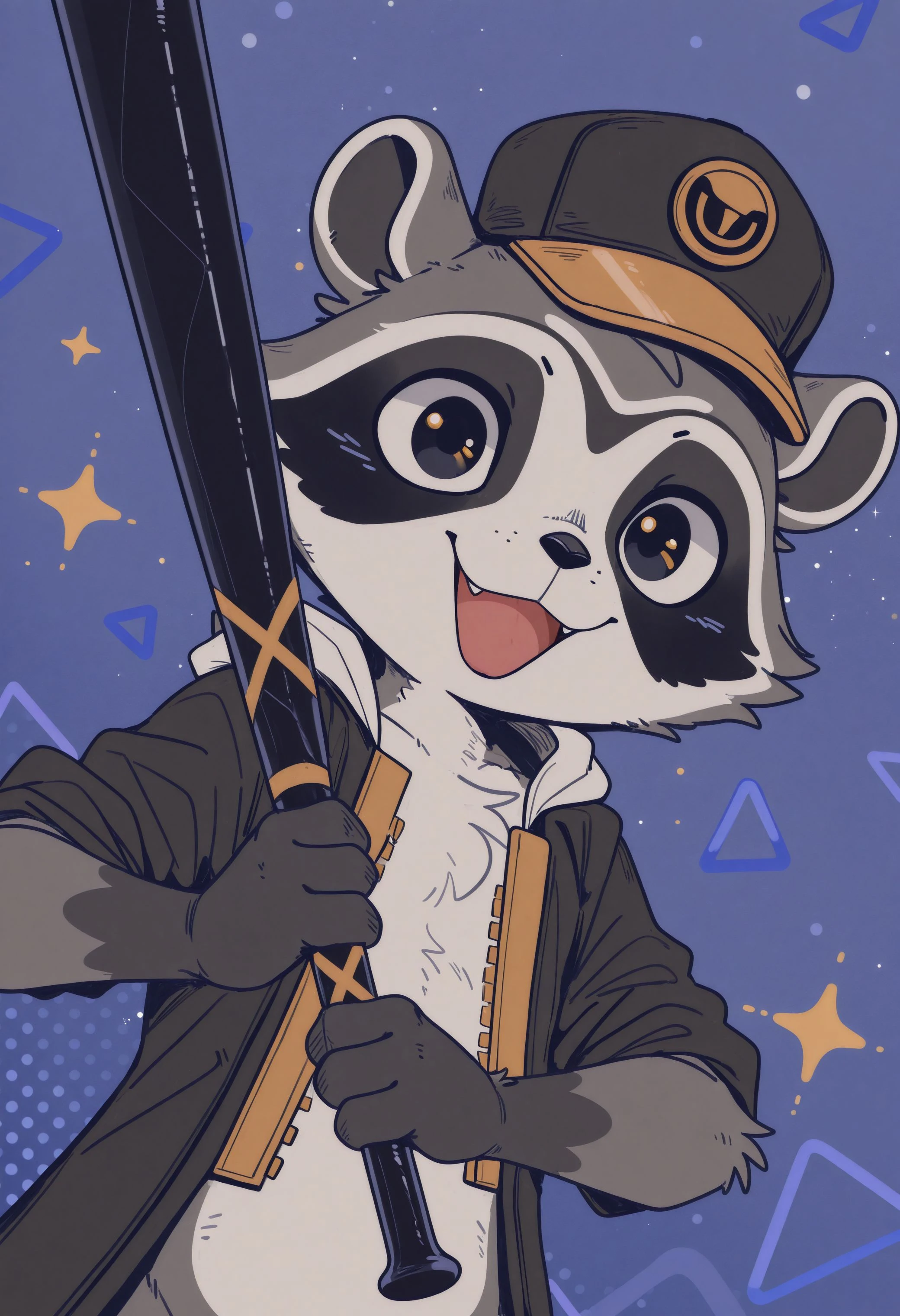 best quality, amazing quality, very aesthetic, absurdres, newest, g4l4ctic_b4seb411er, raccoon, furry, furry male, solo, 1boy, black jacket, hat, holding one bat, happy, sparkles, simple shapes background, looking at viewer, dutch angle, upper body, <lora:The_Legend_of_the_Galactic_Baseballer_Illustrious:1>