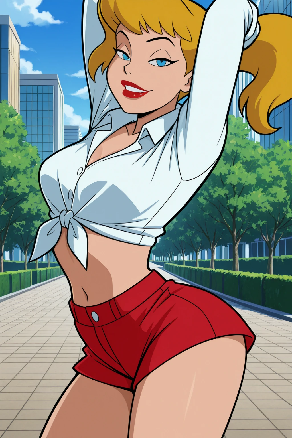(((official style)), perfect , perfect eyes, close-up) BREAK <lora:HarleyDCAUIL:1> harleen quinzel, blue eyes, blonde hair, twintails, lipstick, happy ((looking at viewer)), collared shirt, white shirt, tied shirt, midriff, red shorts, teasing viewer, arched back, pose, pinup pose, seducing viewer, city street, park, outdoors