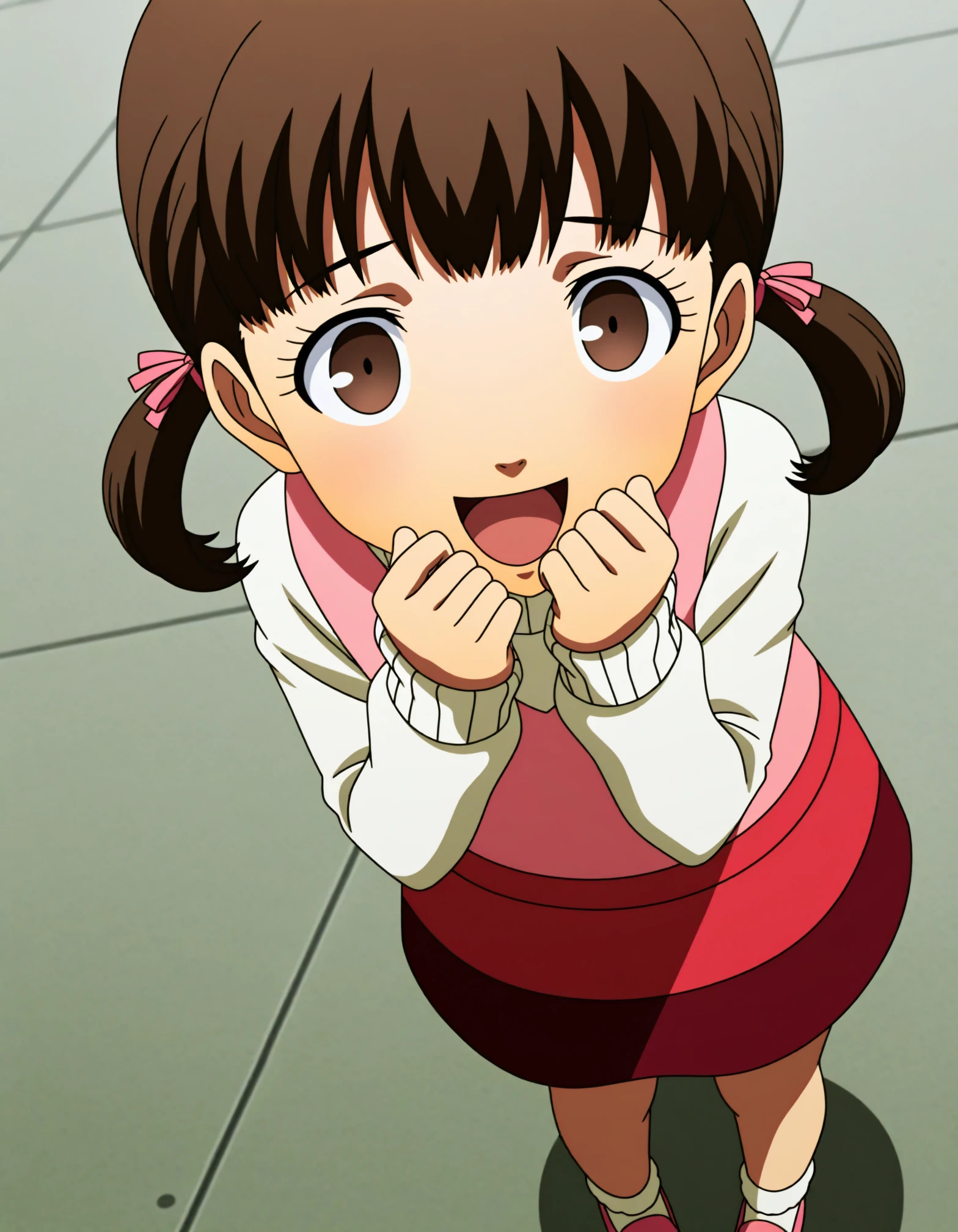 <lora:dmd2_sdxl_4step:1>,masterpiece,best quality,amazing quality,very aesthetic,high resolution,ultra-detailed,absurdres,newest,anime coloring,anime screenshot,official art,<lora:nanako:0.8>,nanako,doujima nanako,1girl,brown hair,brown eyes,twintails,skirt,long sleeves,turtleneck sweater,pink footwear,white sweater,white socks,hair ribbon,from_above,laughing,