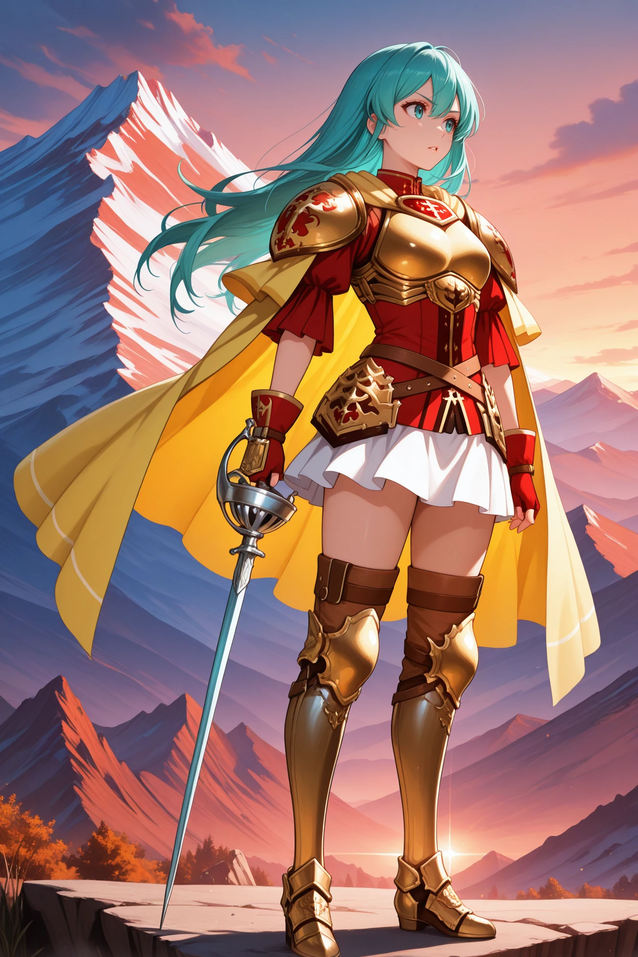 masterpiece, best quality, 1girl, solo, <lora:defeirika-illu-nvwls-v1-000006:1> defer, aqua hair, long hair, hair between eyes, red shirt, gold trim, gold-trimmed armor, yellow cape, red gloves, fingerless gloves, brown straps, white skirt, thigh boots, armored boots, full body, holding rapier, looking to the side, serious, parted lips, mountains, sunset, standing
