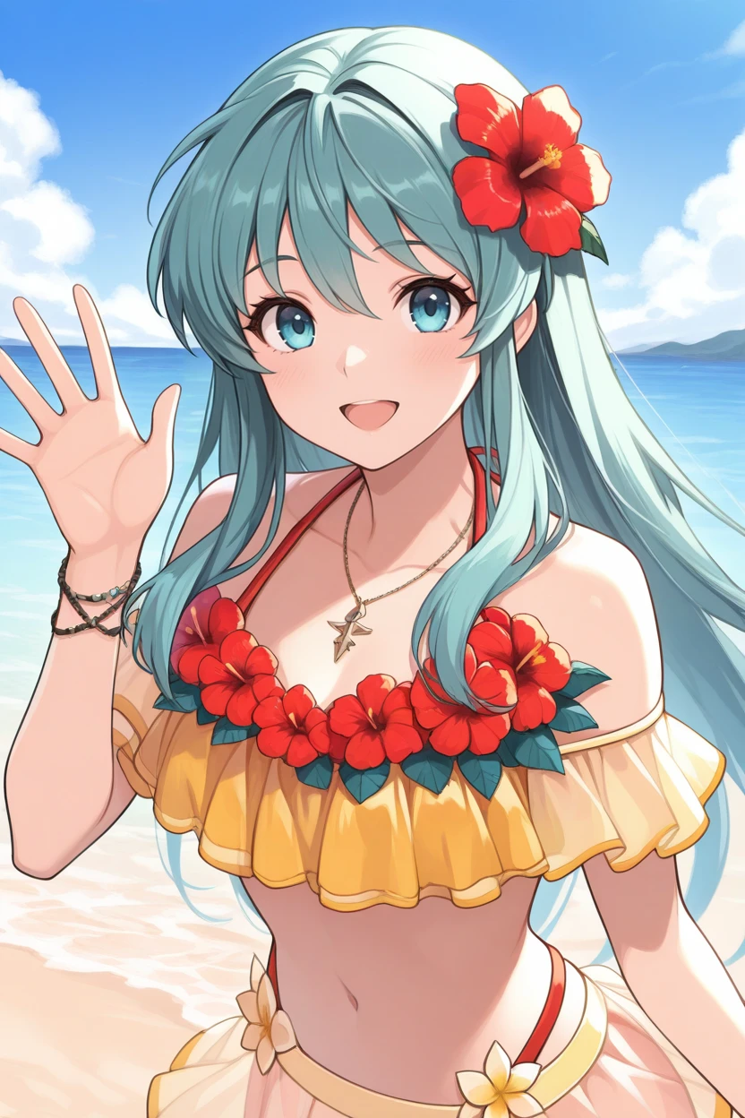 masterpiece, best quality, 1girl, solo, <lora:summereirika-illu-nvwls-v1-000006:1> smrer, aqua hair, long hair, hair between eyes, hair flower, red flower, necklace, yellow bikini, frilled bikini, off shoulder, see-through skirt, bracelet, beach, upper body, waving, looking at viewer, happy, blue sky, clouds