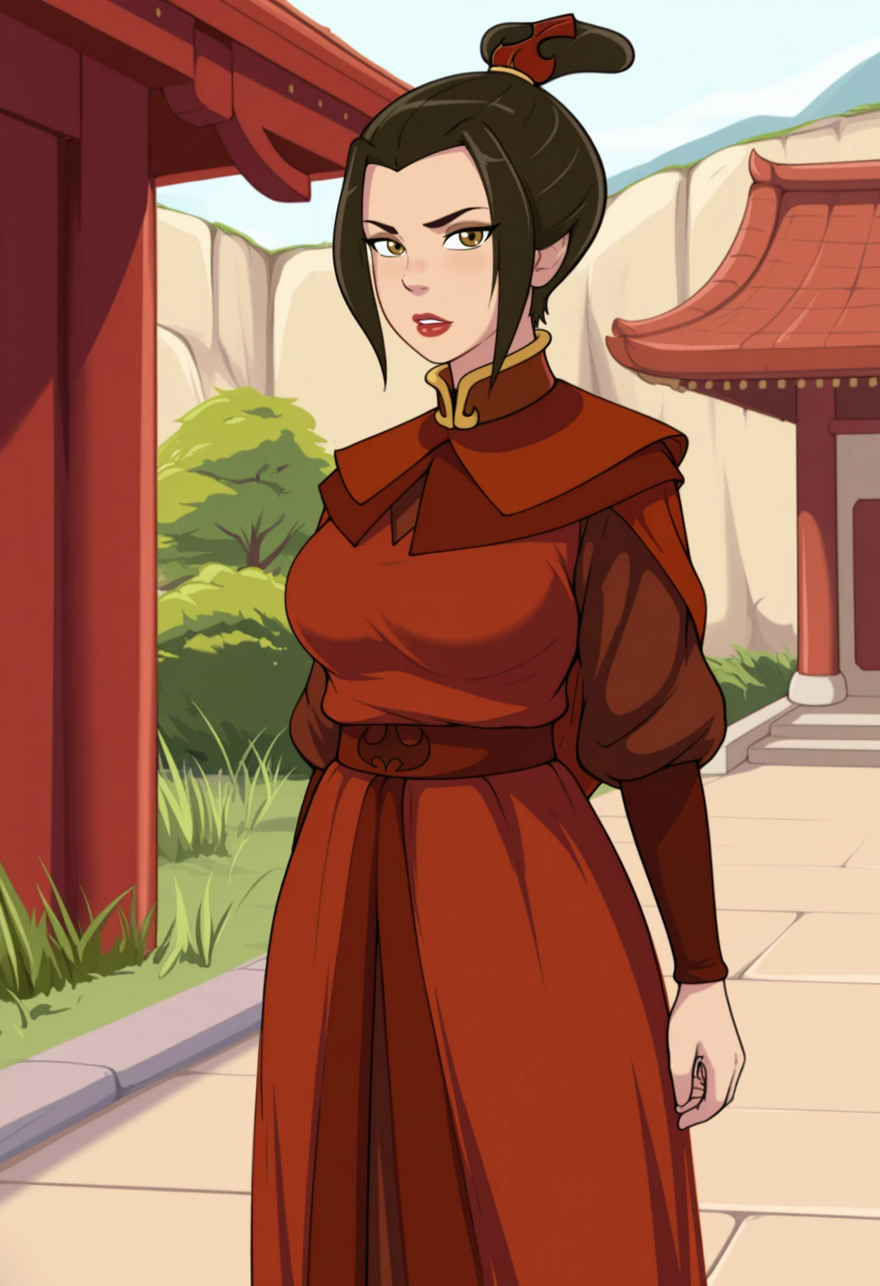 good quality, very aesthetic, masterpiece,best quality,amazing quality,newest, 8K, depth of field, volumetric lighting, <lora:NM_Azula_fet_ill:1>, NM_Azula_atla, 1girl, solo, brown eyes, brown hair, topknot, black hair, hair ornament, breasts, large breasts, makeup, lipstick, red lips, slim waist, dress, capelet, looking at viewer, outdoors