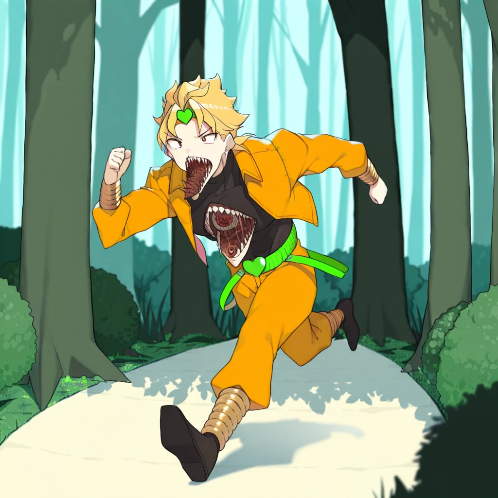 highres, best quality, masterpiece, very aesthetic, newest, <lora:FleshmutantIllusV2:1>, artist:cloba , full body,1boy,solo,fleshmutant,dio brando,blonde hair,extra mouth,chest mouth,orange jumpsuit,body horror,outdoors,running,forest