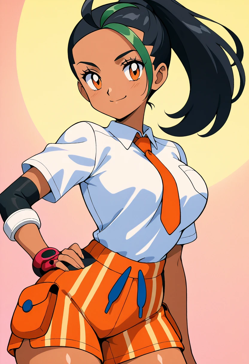 masterpiece, best quality, solo, curvy, beautiful eyes, narrow waist, wide hips, 1girl, solo, smile, looking at viewer, foreshortening, close up, large breasts, retro artstyle, 1990s (style), anime screencap, nemona (pokemon), pokemon, black hair, green hair, orange eyes, dark skin, multicolored hair, two-tone hair, ponytail, hair pulled back, collared shirt, fingerless gloves, orange tie, orange shorts, white shirt, <lora:NemonaPokemonIXL:1.0>, cowboy shot, hand on hip, smug, smile, looking at viewer, shiny skin,