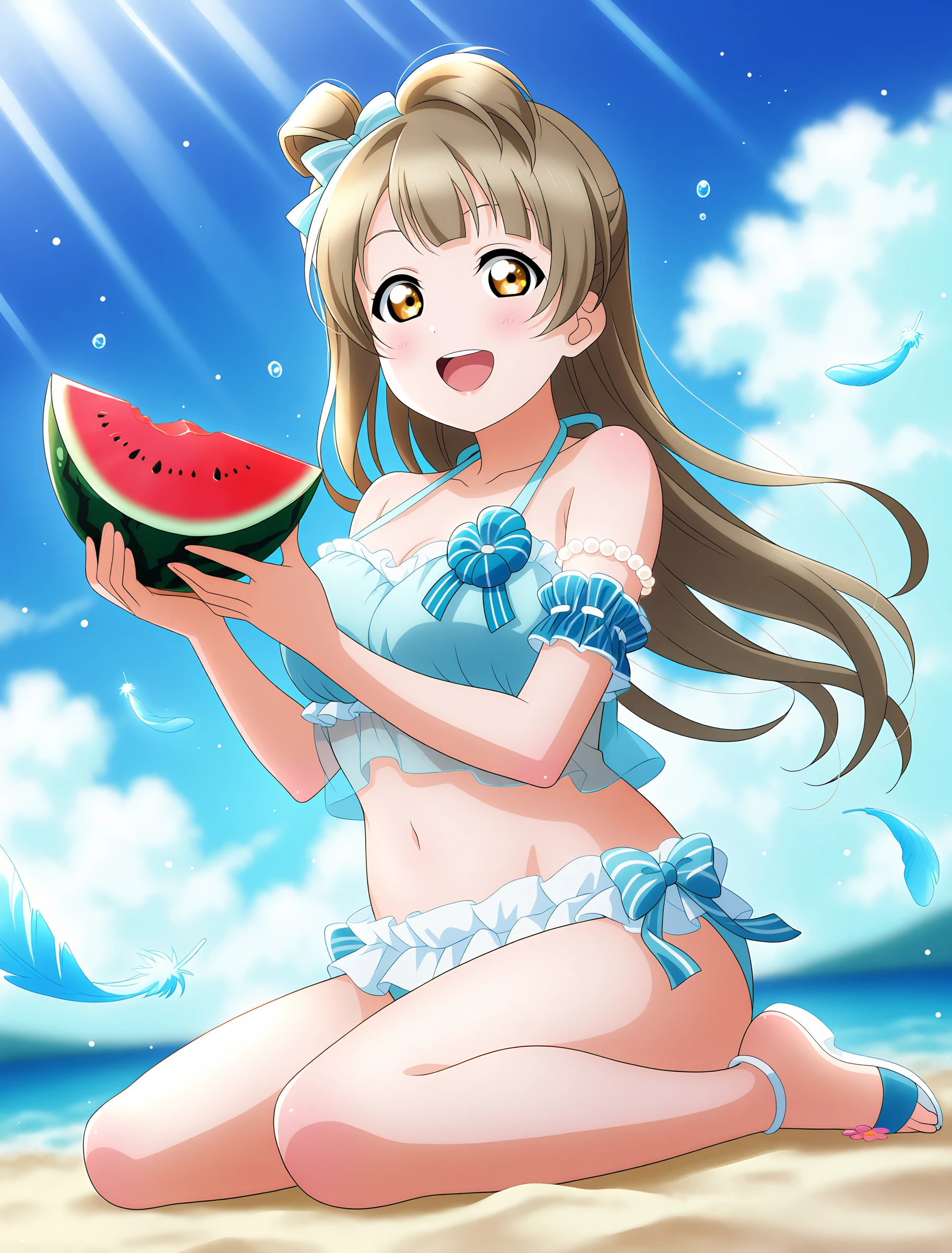 <lora:Koto-Umi-Riko-Shizu-Setsu-LLAS-IllustriousXLV01-V1:0.5> <lora:Koto-Umi-Riko-Shizu-Setsu-LLAS-NoobAIXLV11-V1:0.5> <lora:sdxl-boldline:-1.2>
<lora:Odaiba-Beach-Girl-IllustriousXLV01-V7:1>
(llas:1.4), (masterpiece, very aesthetic, absurdres, very awa:1.2), best quality, highres, newest, perfect anatomy, perfect lighting, anime coloring, anime screenshot BREAK
light rays, (depth of field, blurry background:1.4) BREAK
1girl, solo, looking at viewer, (full body) BREAK
minami kotori, striped hair bow, (blue bow), long hair BREAK
big pupils, (detailed eyes:1.2), large breasts, lips, :d, upper teeth only, white skin BREAK
(odibbg clothes, see-through frilled top, halterneck, ribbon-trimmed side-tie bottom), striped ribbon, striped arm garter, pearl armlet, flower-trimmed sandals BREAK
(holding watermelon slice, sitting, wariza:1.2), white sand, (blue sky, sky:1.2), (falling feathers, blue feathers:1.2), water drop, bubble, sunlight, sunbeam, ocean, blue background