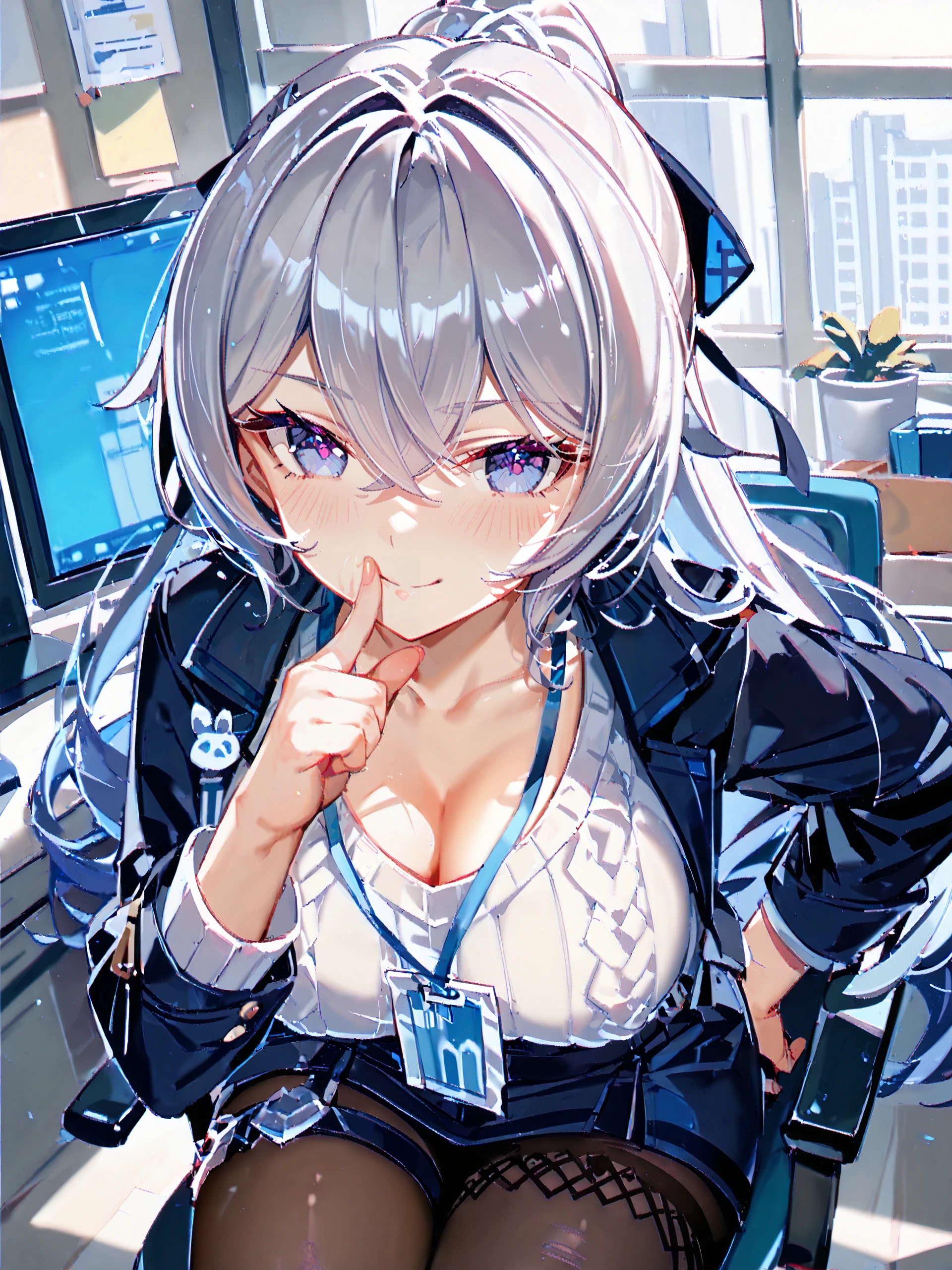 ultra-detailed, cute woman, petite stature, enormous breasts, white skin, alluring figure, rainbow hair, long messy hair, long upper eyelashes, eyebrows behind hair, upturned eyes, light blush, seductive smile, background((dark and messy gaming room, Server Machine, neon lights, Braces, some Computer screen, notebook)), messy paper, flight, Debris flying, writing border depth, Movie, Finished lunch box, Cup drinks, (((seated in a gaming chair))), ((sitting behind a computer)), ((Cross the feet)), (engrossed in staring at the computer screen:1.4), ((hands moving on the keyboard)), , , ((Blue jacket)), Open one shoulders, ((black short bandeau top)), ((white skirt), ((black thigh-high stockings)), ((screen light)), HDR, Premium shadow, Perfect painting, visual art, Perfect art, super detail, chiaroscuro, Best quality, super textured skin, super detail face, perfect face, Super fine facial details, beautiful and delicate eyes, perfect eyes, correct limbs, correct finger, super detail finger, best hair quality, best clothing quality, (((best prop quality))), ccurate, highres, super detail, masterpiece,,