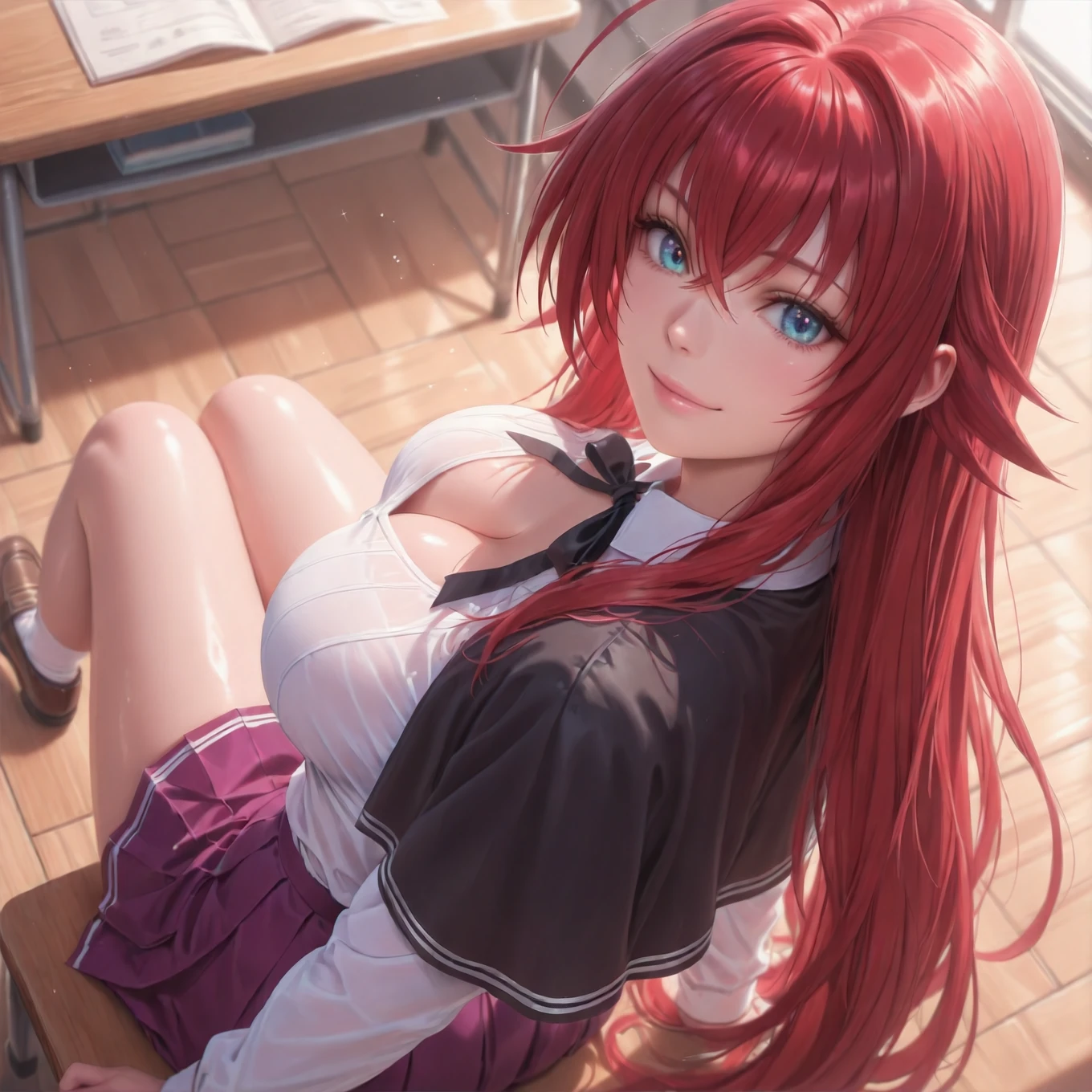 masterpiece, best quality, <lora:yukimura_touko-10:0.7>, yukimuratouko_hm, 1girl, solo, long hair, breasts, smile, skirt, large breasts, thighhighs, sitting, school uniform, green eyes, red hair, necktie, serafuku, black thighhighs, indoors, window, hairclip, <lora:LowRA:0.6>