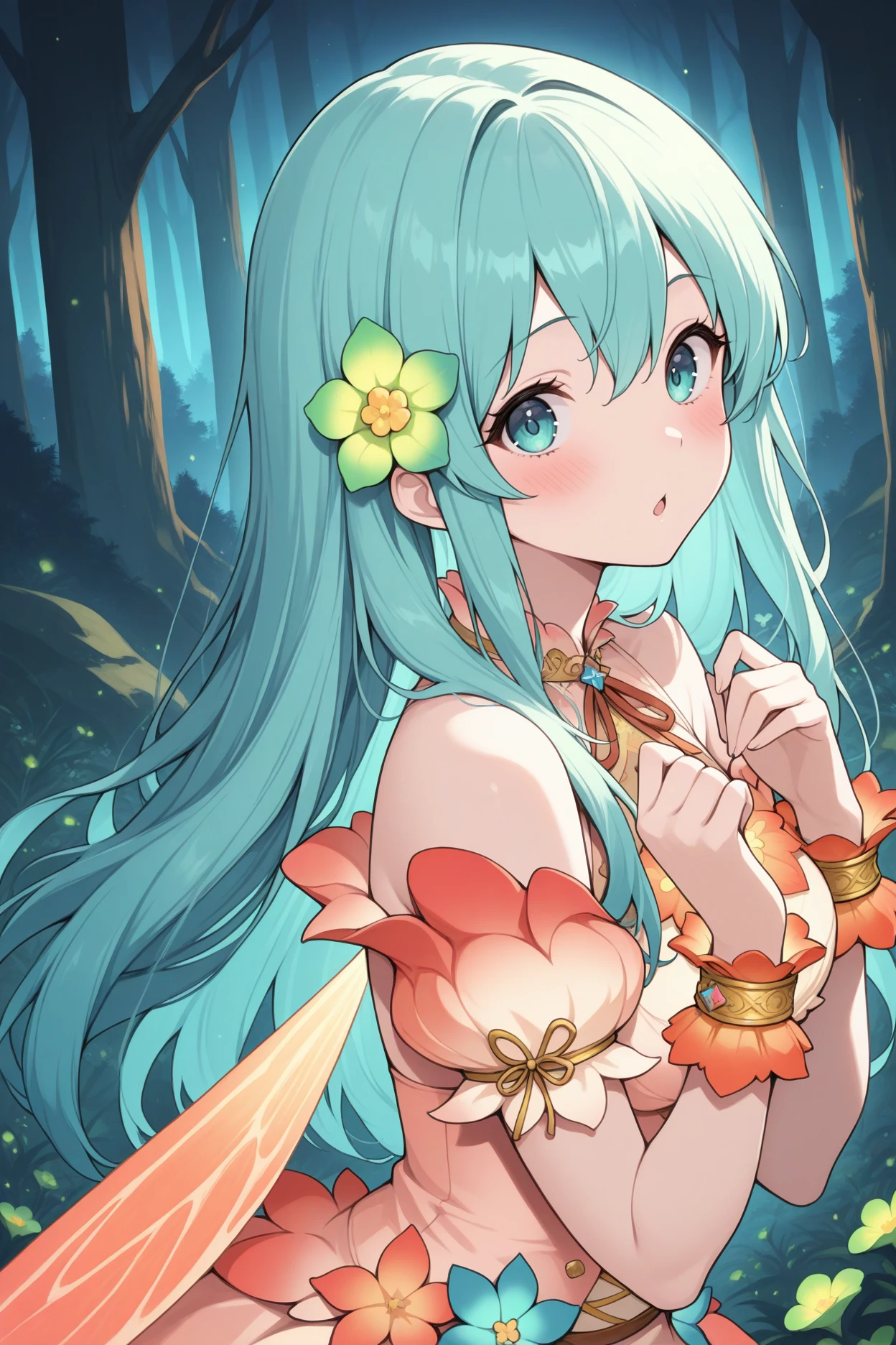 masterpiece, best quality, 1girl, solo, <lora:resplendenteirika-illu-nvwls-v1-000006:1> resper, aqua hair, long hair, hair between eyes, hair flower, green flower, pink dress, gradient clothes, insect wings, bracelet, night, alpine forest, looking at viewer, upper body, blush, chestnut mouth