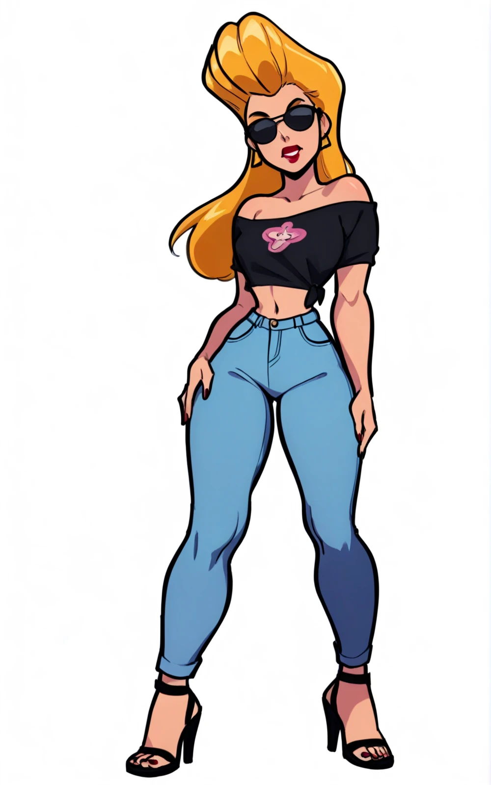 rose, 1girl, solo, long hair, smile, blonde hair, large breasts, simple background, jewelry, standing, full body, earrings, pants, cyan eyes, makeup, sandals, blue pants, cyan tank top, star brooch necklace, pink upper lip, lipstick, yellow eyelids, yellow, eyebrows, silver earrings