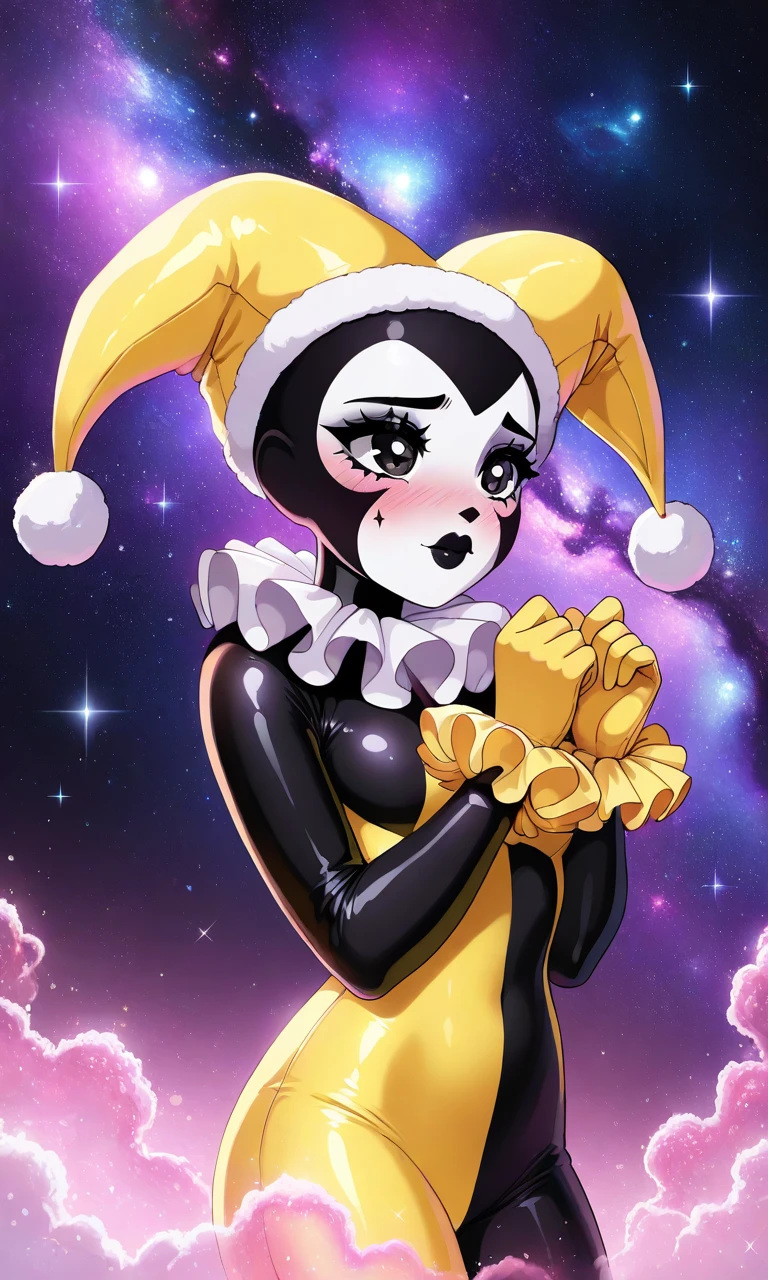 solo,Barbiecore, holographic, hot pink, glamour, sparkle, Spacecore, galaxy, nebula, black, white,Jester cap, ruffled white collar, bodysuit, multicolored clothes, black bodysuit, yellow bodysuit, ruffled wrists, facepaint, blush, black lips, yellow gloves