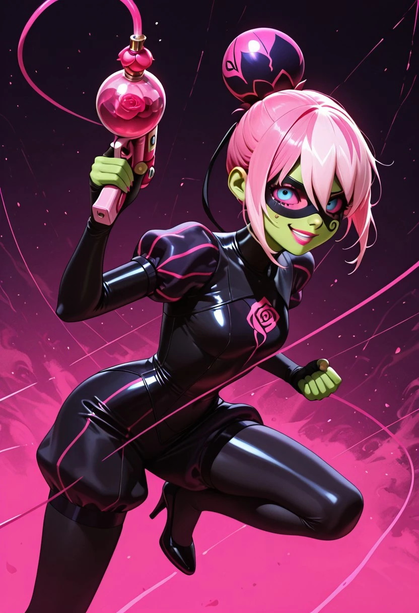 masterpiece, best quality, amazing quality, intricate detail, highly detailed, solo, 1girl, Princess Fragrance, green skin, magenta hair, pink hair, multicolored hair, two-tone hair, bangs, bun, hair between eyes, rosebud-like bun, blue eyes, pink sclera, pink lipstick, mask, domino mask, black turtlenecked skin-tight suit, puffed sleeves, puffed shorts, Narrow pink lines, black high-heel shoes, black tube came out of the top of the bun, rose design on her chest, looking at viewer, , ultra detailed, dynamic pose, evil smile, BREAK, blaster, dark purple tear-shaped bottle, pink horizontal lines, pink glass blaster, BREAK, simple background, pink magenta fog on the background,