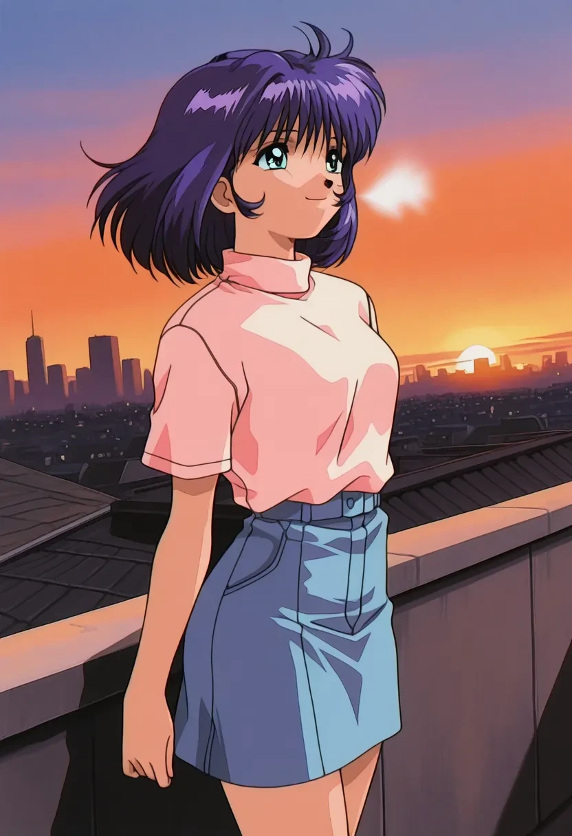 masterpiece,best quality,amazing quality,
1girl, solo,
Fujisawa Ako, purple hair, short hair, green eyes, blue hair, aqua eyes,retro artstyle, 1990s (style),
rooftop, sunset, cityscape, quiet moment, wind blowing, contemplative, smile, standing, cowboy shot, dutch angle