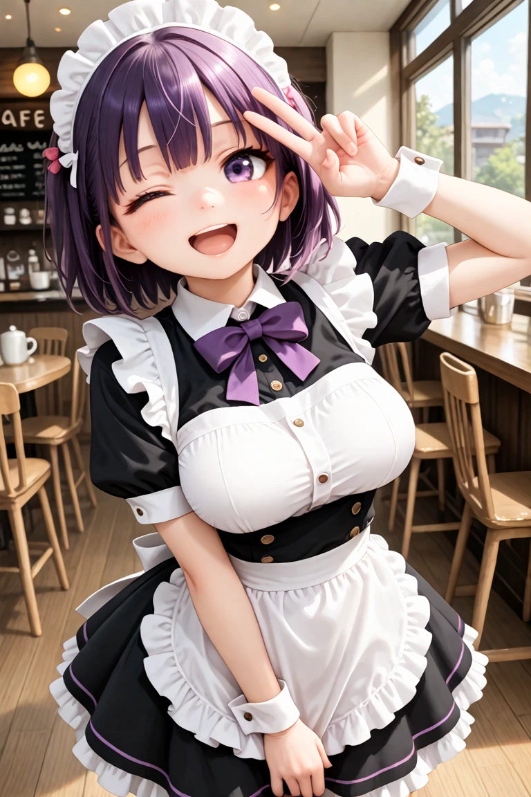 masterpiece, best quality, amazing quality, very aesthetic, absurdres,
cute round face, slender, detailed eyes, detailed hair, kawaii,
1girl, solo,
classic maid costume, in cafe, smile, laugh, open mouth, standing,
owboy shot, salute v sign, medium large breasts, one eye closed,
purple hair, purple eyes