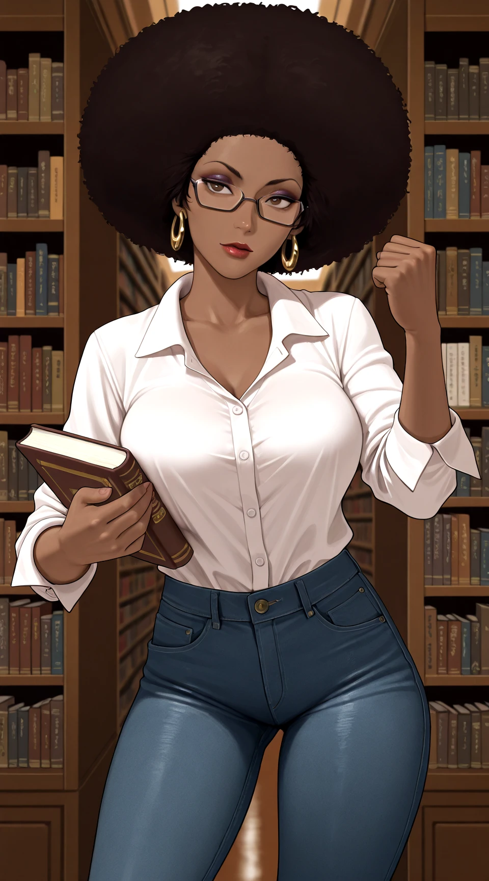 masterpiece,best quality,absurdres, amazing quality 1girl, hoop_earrings, jewelry, lips, lipstick, makeup, solo<lora:CoffeeV1:0.6>
coffee_(cowboy_bebop),
white_shirt, jeans, raised_fist, collared_shirt, semi-rimless_eyewear, library, book, brown_eyes, afro,