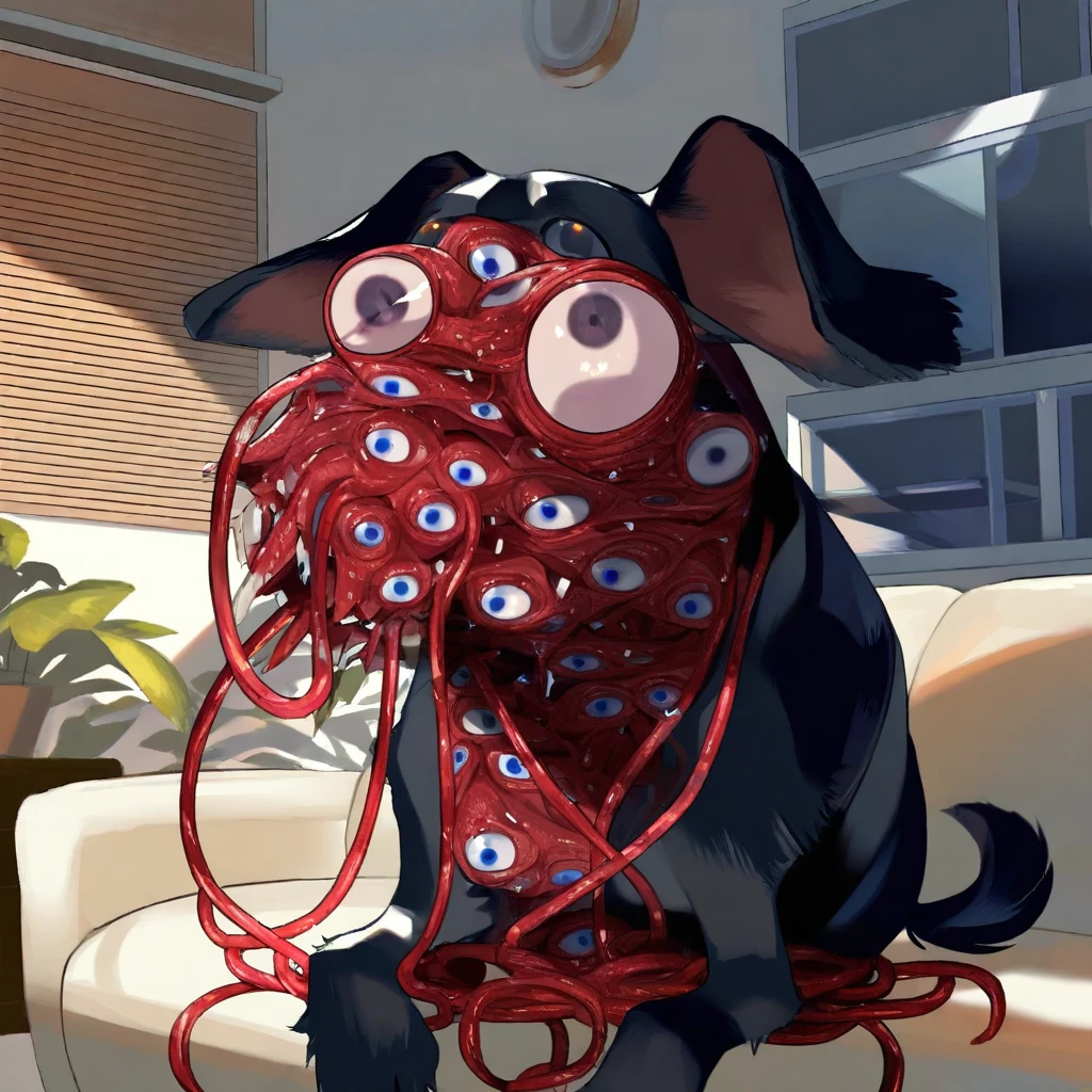 highres, best quality, masterpiece, very aesthetic, newest, <lora:FleshmutantIllusV2:1>, artist:mizumi zumi , cowboy shot,fleshmutant,body horror,animal focus,solo,no humans,1dog,big eyes,extra mouths,extra eyes,sitting,indoors,living room,couch,dog ears,dog tail