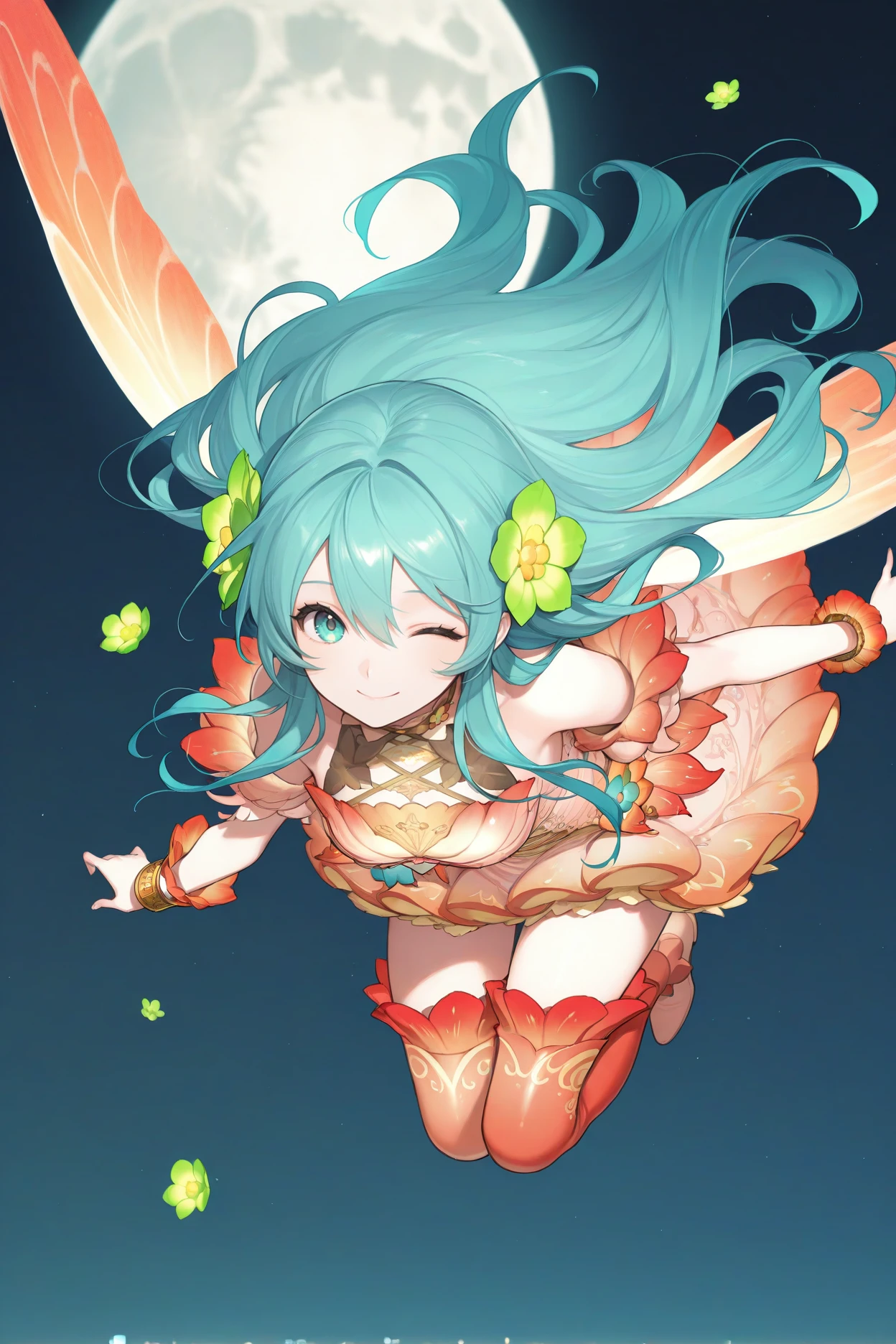 masterpiece, best quality, 1girl, solo, <lora:resplendenteirika-illu-nvwls-v1-000006:1> resper, aqua hair, long hair, hair between eyes, hair flower, green flower, pink dress, gradient clothes, insect wings, bracelet, gradient thighhighs, flying, midair, night sky, looking at viewer, wink, smile, moon