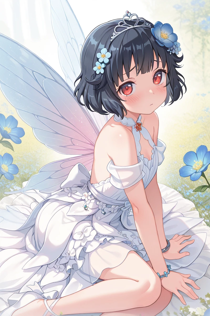 masterpiece, best quality, amazing quality,
 <lora:Rimi_IL:1> rimi, 1girl, flower, dress, solo, black hair, tiara, wings, short hair, looking at viewer, bracelet, jewelry, hair flower, hair ornament, blush, red eyes, blue flower, bangs, bare shoulders, white footwear, fairy wings, white dress, bow, sitting, fairy, arm support