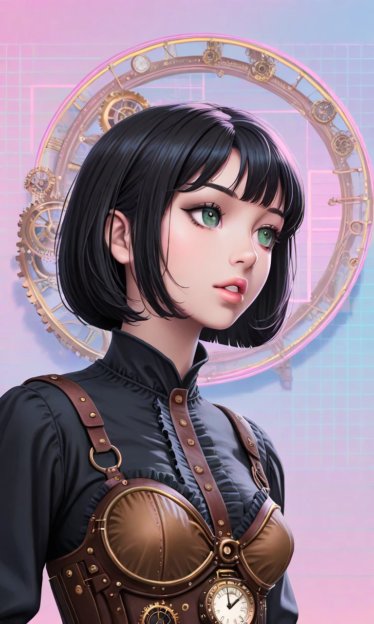 solo,Vaporwave, pastel colors, pink theme, neon lights, holographic, steampunk, Victorian style, gears, metallic, clocks,1girl, bob cut, short hair, black hair, green eyes,parted lips, gradient, goth fashion