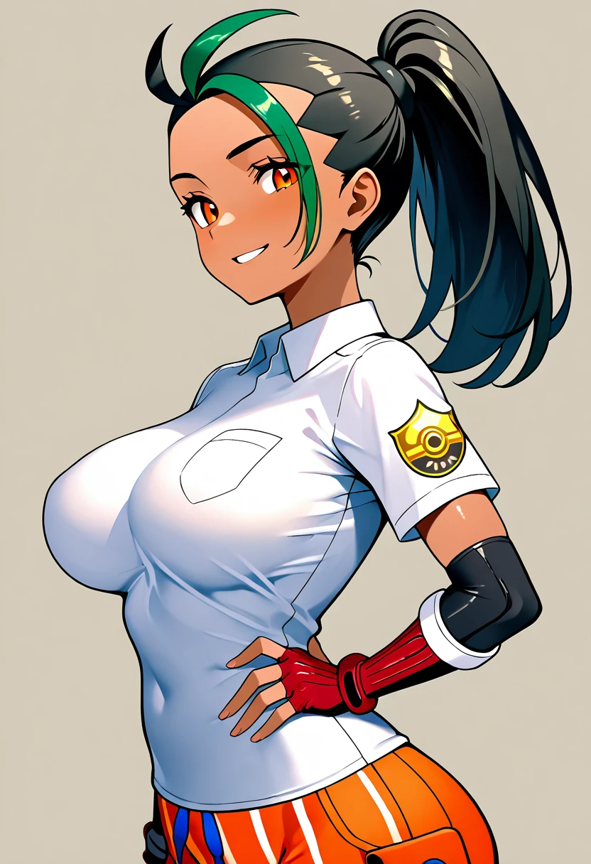 masterpiece, best quality, solo, curvy, beautiful eyes, narrow waist, 1girl, solo, smile, looking at viewer, nemona (pokemon), pokemon, black hair, green hair, orange eyes, dark skin, multicolored hair, two-tone hair, ponytail, hair pulled back, collared shirt, fingerless gloves, orange shorts, ,<lora:NemonaPokemonIXL:1.0>, upper body, side view, smile, looking at viewer, shiny skin,
