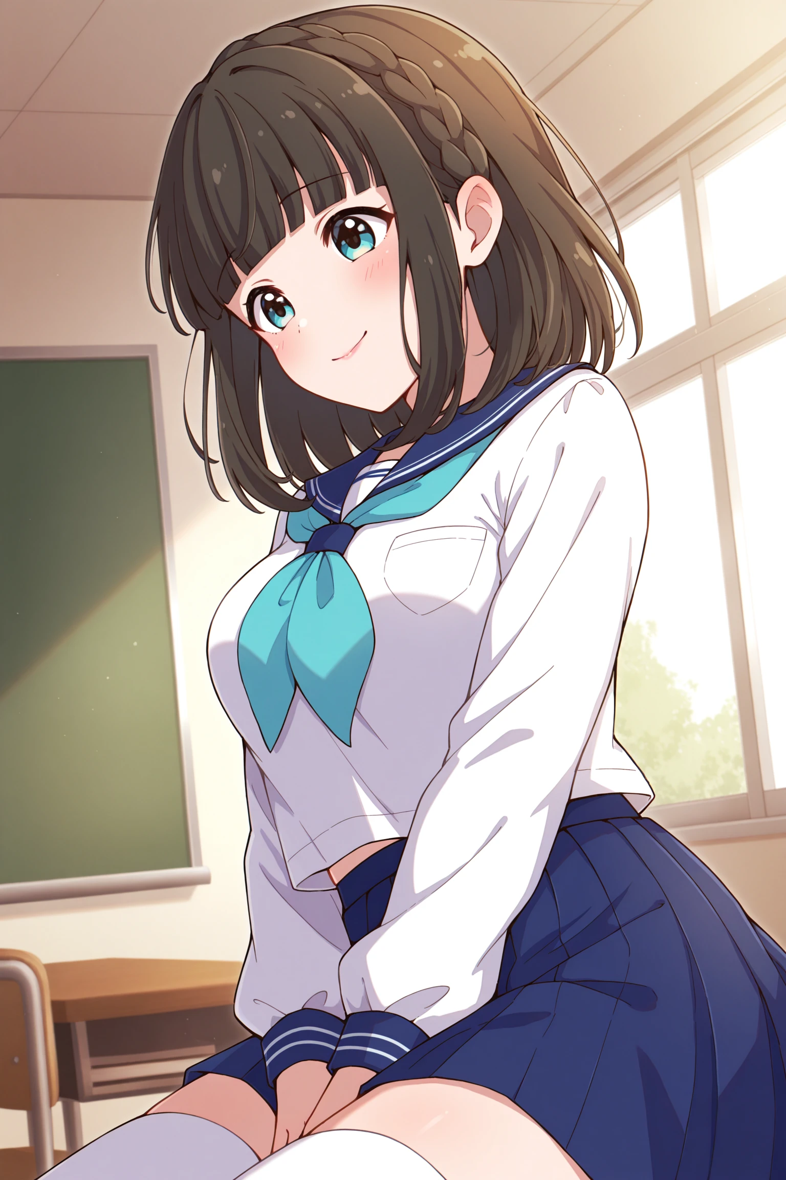 masterpiece, best quality, very aesthetic, asahinakokomi, outfit2, solo, indoors, classroom, black hair, crown braid, blunt bangs, medium hair, sidelocks, aqua eyes, medium breasts, white serafuku, blue sailor collar, aqua neckerchief, long sleeves, blue skirt, pleated skirt, white thighhighs, school uniform, smile, closed mouth, :), pink lips, <lora:Asahina-Kokomi:0.7>
