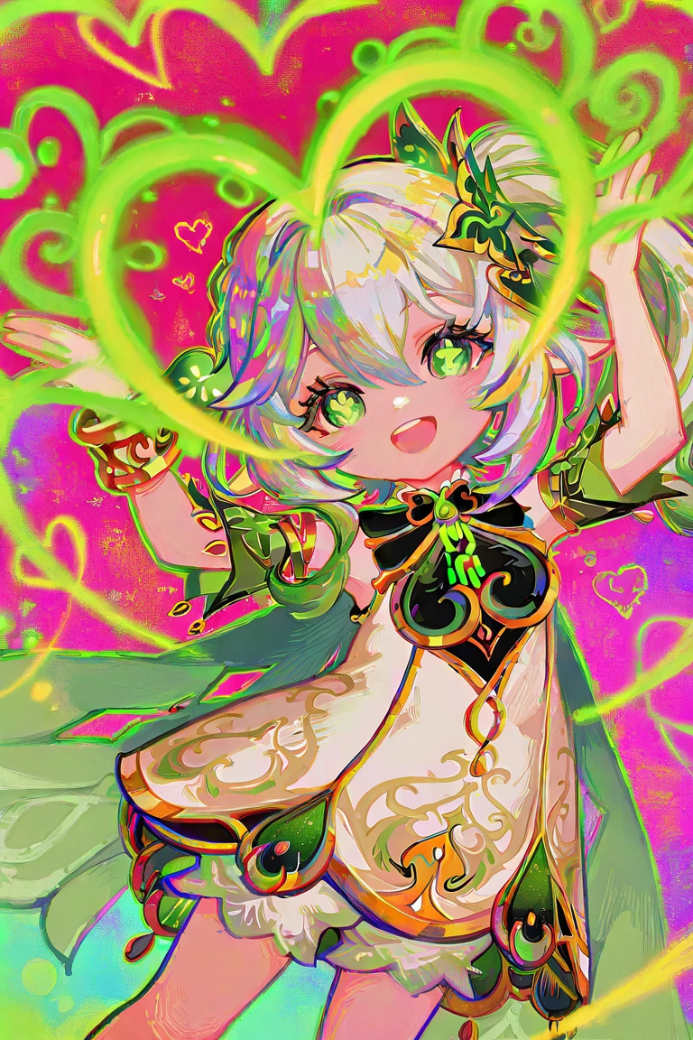 masterpiece, best quality, good quality, newest, highres, Chromora, , 1girl, cute, happy, solo, green outline, nahida from genshin impact, heart sign, open mouth, chromatic aberration, colorful, Chromora,hatching \(texture\),colorful, , chromatic aberration, colorful, Chromora,hatching \(texture\),colorful,
