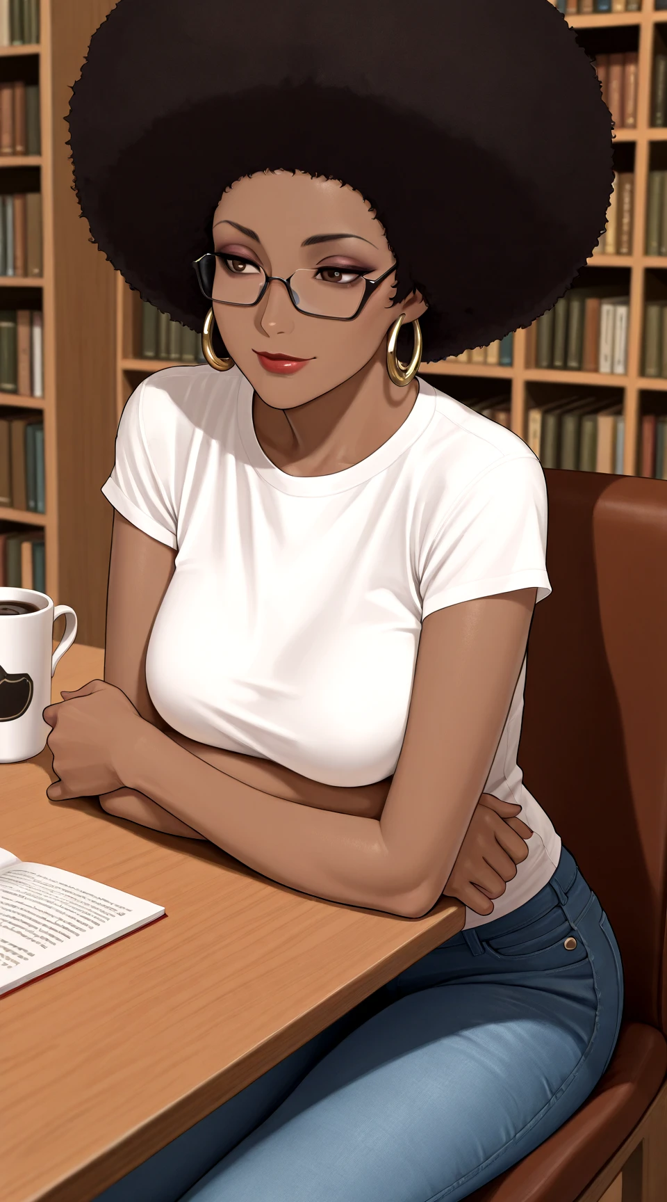 masterpiece,best quality,absurdres, amazing quality 1girl, hoop_earrings, jewelry, lips, lipstick, makeup, solo<lora:CoffeeV1:0.6>
coffee_(cowboy_bebop),
white_shirt, jeans, semi-rimless_eyewear, library, brown_eyes, afro, t-shirt, sitting, light_smile, crossed_arms,