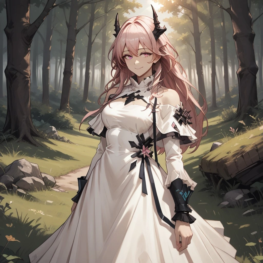 score_9, score_8, BREAK, solo, Theresa_(Arknights), horns, black horns, pink hair, pink eyes, hair between eyes, long hair, sidelocks, bangs, white dress, full dress, black boots, self portrait, smile, looking at viewer, outdoors, sunlight, shadows, evening lighting, natural lighting, forest, trees, grass, orange sky, sunset