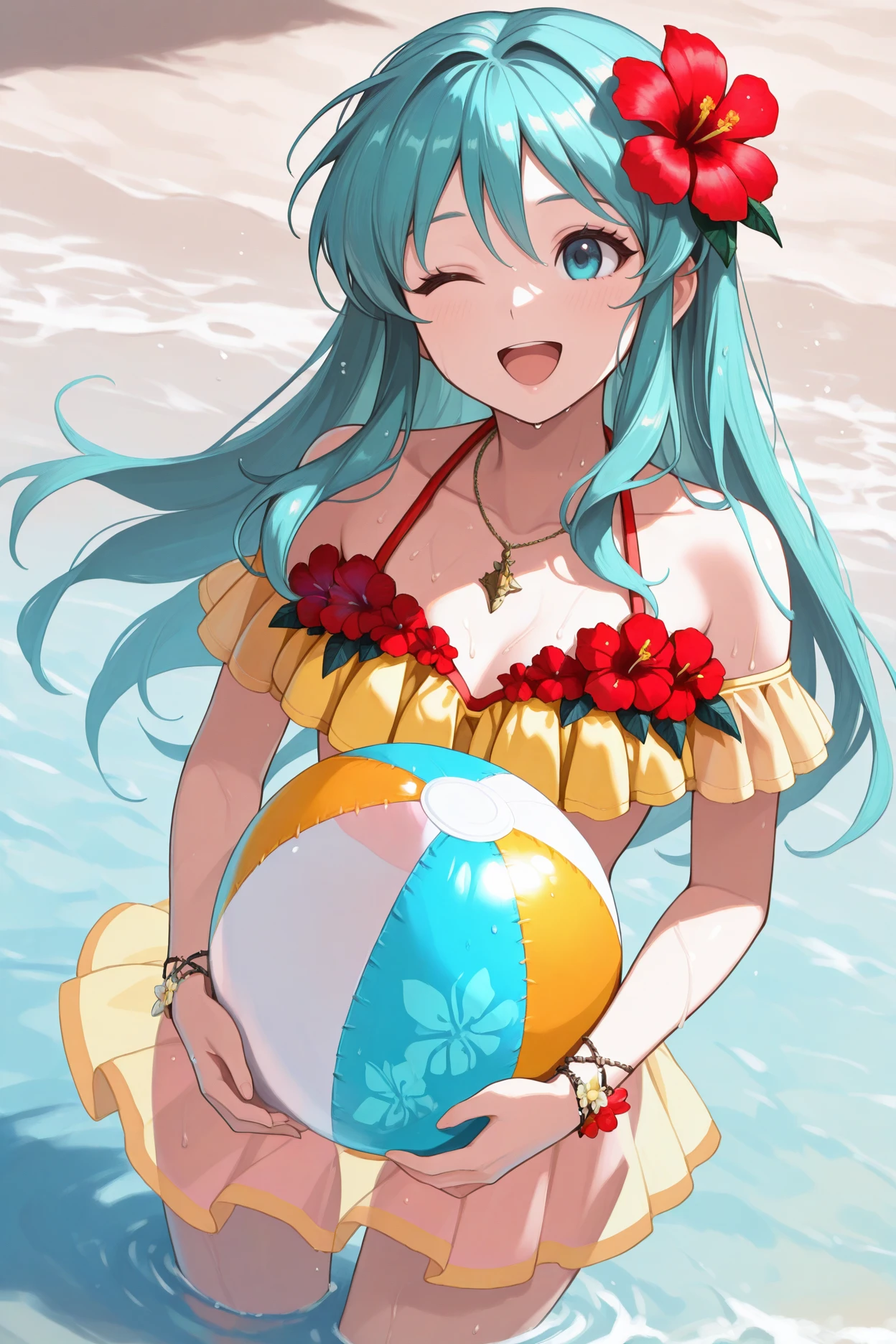 masterpiece, best quality, 1girl, solo, <lora:summereirika-illu-nvwls-v1-000006:1> smrer, aqua hair, long hair, hair between eyes, hair flower, red flower, necklace, yellow bikini, frilled bikini, off shoulder, see-through skirt, bracelet, partially submerged, holding beach ball, happy, open mouth, wink, splash, wet skin, beach