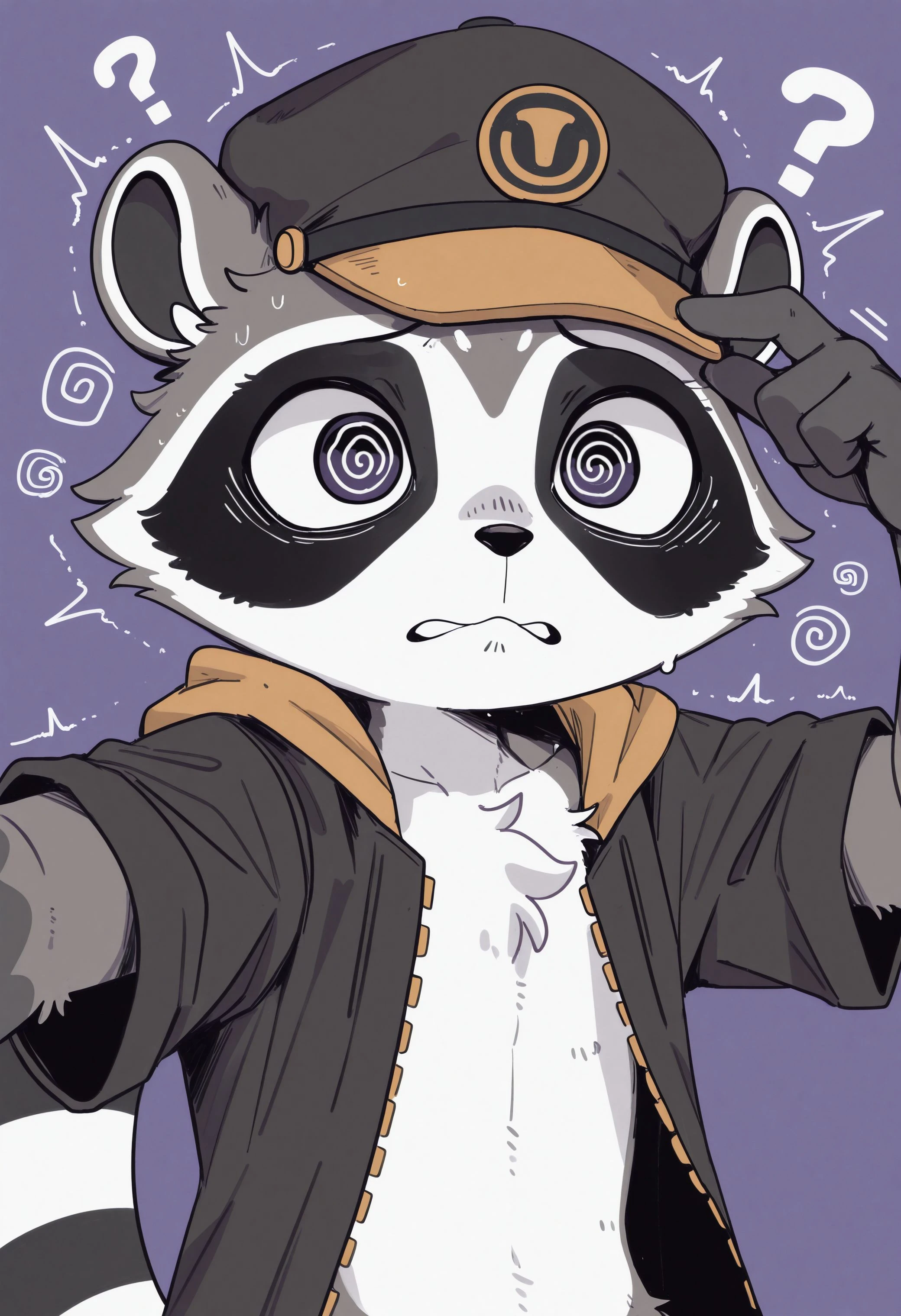 best quality, amazing quality, very aesthetic, absurdres, newest, g4l4ctic_b4seb411er, raccoon, furry, furry male, solo, 1boy, black jacket, hat, @ @, ?!, simple purple background, upper body, <lora:The_Legend_of_the_Galactic_Baseballer_Illustrious:1>