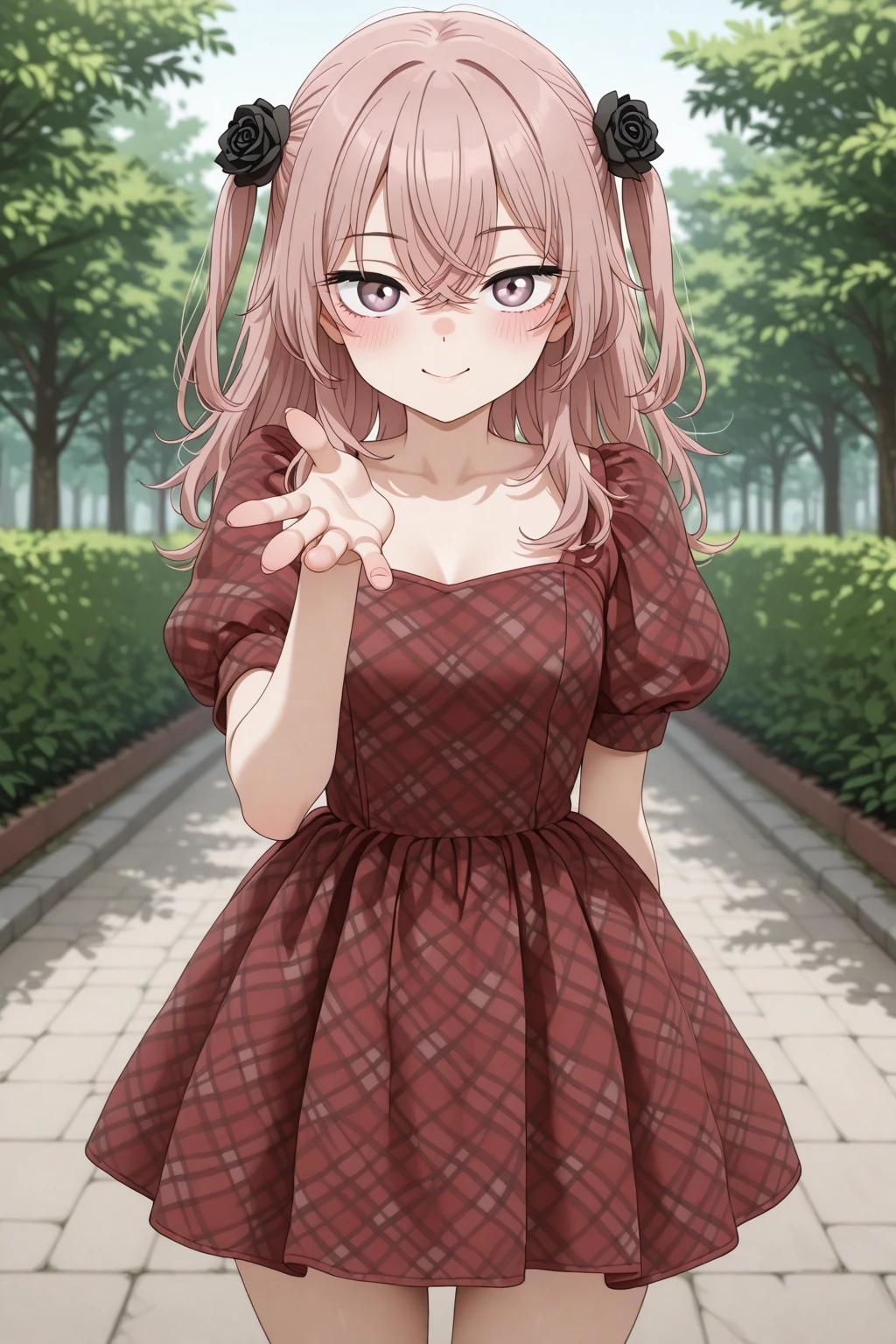 masterpiece, best quality, amazing quality, 1girl, solo, makeup, general, looking at viewer, blush, cowboy shot, smile, outdoors, blowing kiss, love, <lora:sajuna-inui-s1-illustriousxl-lora-nochekaiser:1>, sajuna inui, inui sajuna, long hair, bangs, hair ornament, hair between eyes, pink hair, pink eyes, two side up, crossed bangs, hair flower, black rose, mature female, small breasts, <lora:Sweet_Red_Gingham_Plaid_Organza_Dress:1>, Sweet_Red_Gingham_Plaid_Organza_Dress, plaid, red dress, checkered dress, short dress, puffy short sleeves, kneehighs, <lora:wai-2Rectified-V140:1>, <lora:illustrious_noobai_epsilon_pred_1_masterpieces_v1:1>