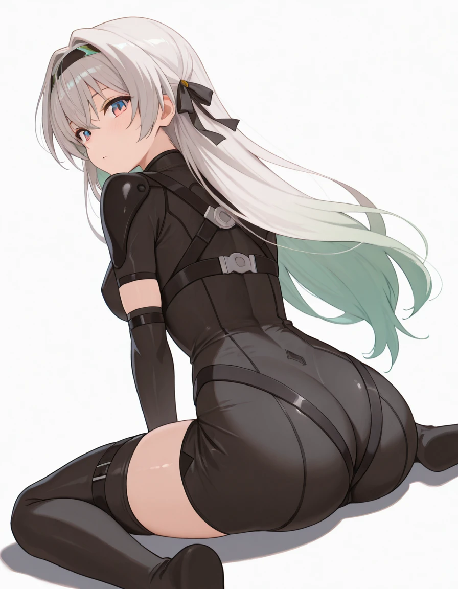 Volumetric Lighting, (masterpiece), (best quality), (ultra-detailed), masterpiece, source_anime, score_9, score_8_up, score_7_up BREAK, illustration, disheveled hair, detailed eyes, perfect composition, moist skin, intricate details, detailed eyes, detailed face, detailed fingers BREAK, long hair, grey hair, green hair, multicolored eyes, blue eyes, pink eyes, FF_hairband, FF_hair_ornament BREAK, DXDchurch_battlesuit, skin tight, CBS_fingerless_elbow_gloves, CBS_thigh_strap, CBS_thighhighs, CBS_shoulder_armor, short sleeves CBS_unitard, CBS_harness BREAK, ((white background)), looking at viewer, sitting, wariza,shadow, (((from behind, back))), looking behind