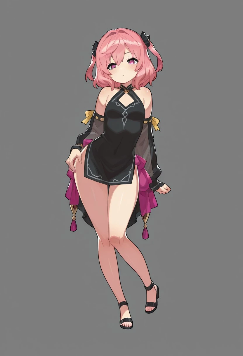 (masterpiece), (best quality),(portrait),1girl,solo,(sharp focus),(look at viewer), sazanami, two side up, pink hair, flat chest, full body view,ancient long clothes,black outfit,rogue outfit,old school fantasy art,((simple background)),(gray background),