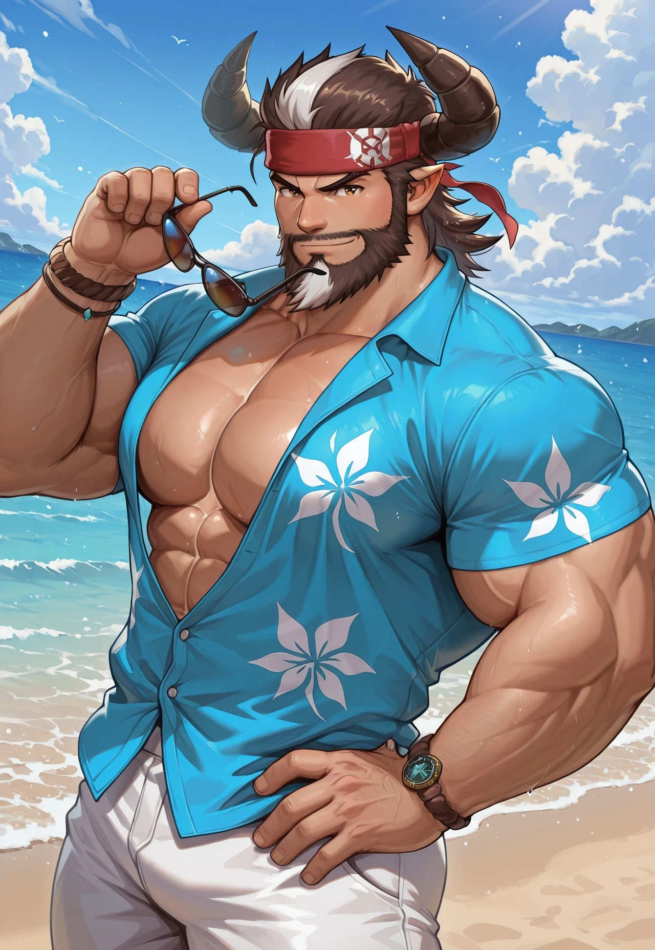 (4K resolution, realistic), bara, lifeguard, man with bread, half-wolf half-human, human appearance with wolf ears and tail, shirtless, strong muscles, confident expression, beach setting, sunny day, waves, lifeguard tower, sunglasses, sunscreen, whistle, rescue buoy, high energy, alert, muscular physique, wolf-like agility, protective instincts, tan skin, wet hair, athletic build. he has black hair and hairy. He has a faded mohawks and bushy beard, and have a big black wolf tail He has red shorts he has short hair , and hes is naked