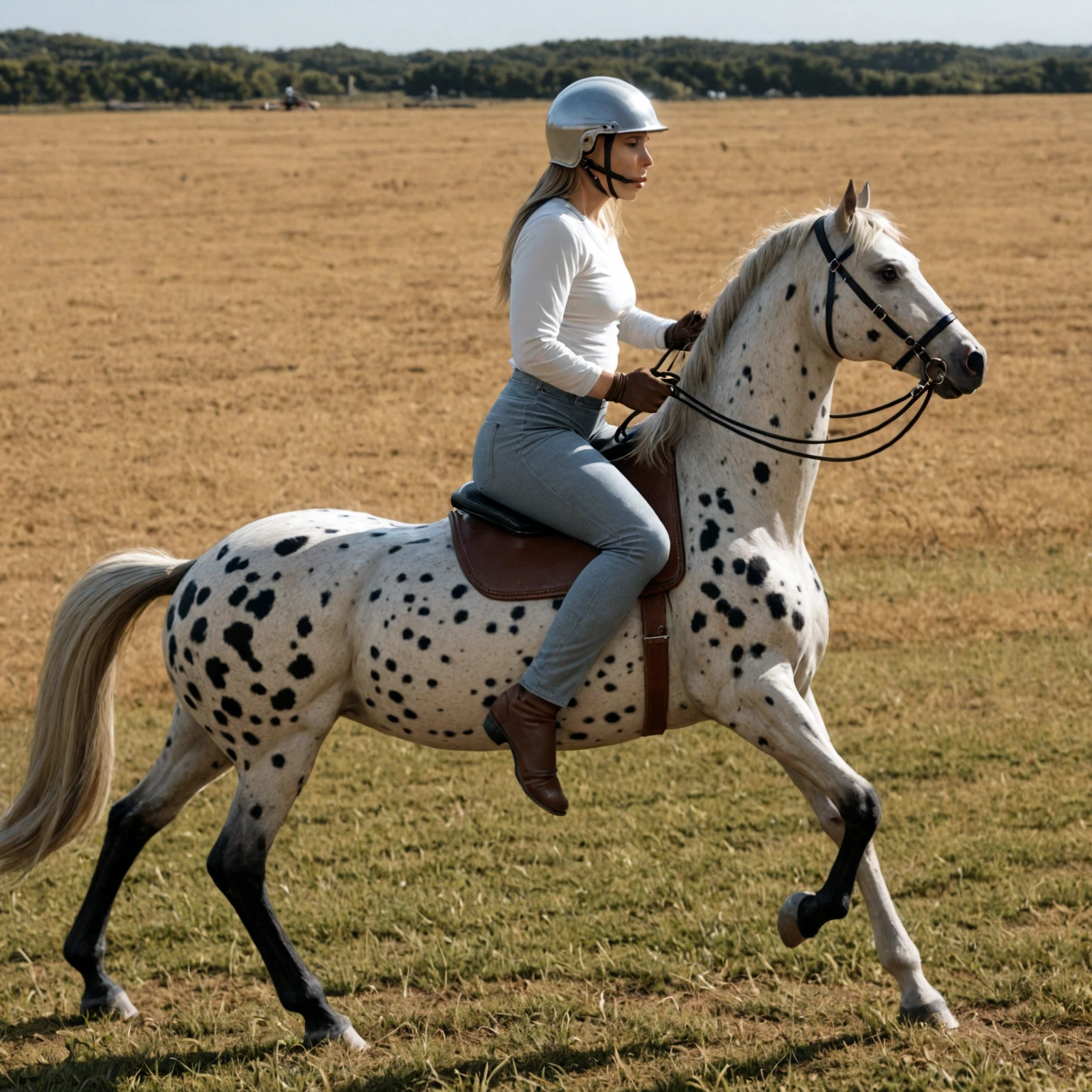 masterpiece, best quality, amazing quality, very aesthetic, high resolution, ultra-detailed, absurdres, photo, realistic, kn4bstrupp3r horse, feral, riding, helmet, 1girl, horseback riding, outdoors, day, gloves, grass, realistic, reins, bridle, sky, shirt, pants, horse-gear, from side, tail <lora:KnabstrupperIL2-0:1>
