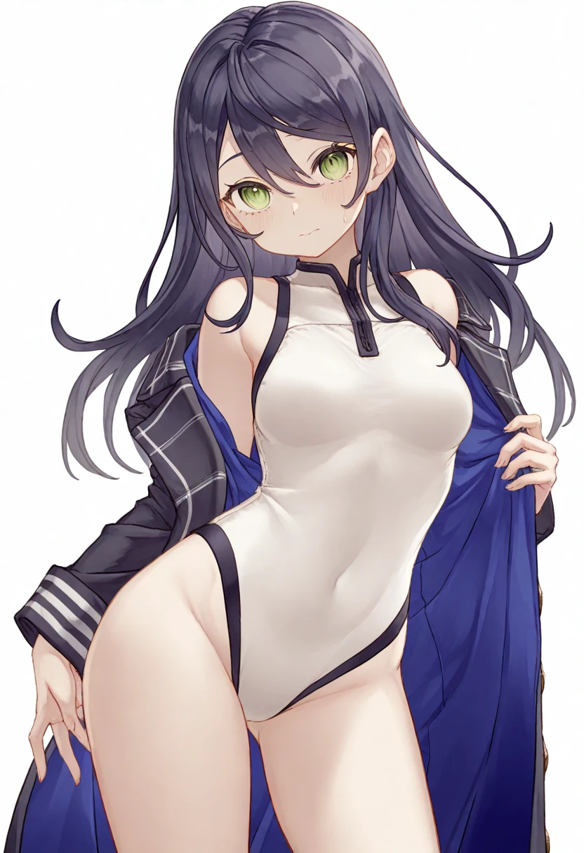 （Vtuber Standing Pictures）、（Standing picture on the front）、Bukkake, Large Breasts、Nipples、naked、Creampie、Large amount of semen、pusssy, trembling、naked、One girl, underside_greenarchive, bedazzling eye, Expose 胃, Exposeしたへそ, nakedのおなか, eye, Expose , , amount、 green_eye, black_hair, Hello, have, Jacket、Shoulder Bare、feet、White Background, whole body