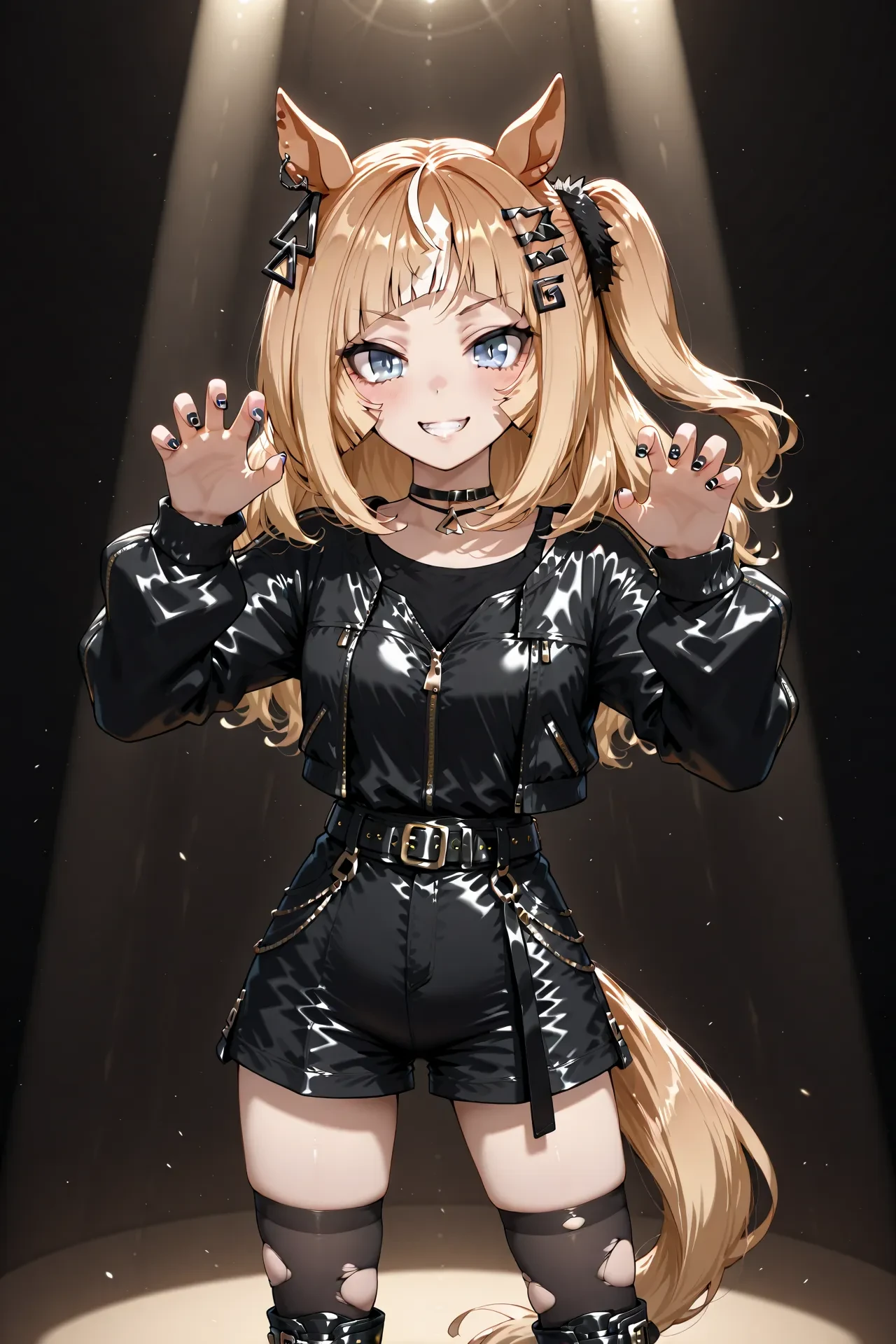 <lora:espoir_city:1>
espoir city \(umamusume\),animal ears,horse girl,horse ears,blonde hair,blue eyes,multicolored hair,
casual,alternate costume,black jacket,black shirt,torn thighhighs,black boots,black shorts,choker,platform footwear,zipper,belt,
claw pose,, 1girl,solo,smile,looking at viewer,cowboy shot,pose,spotlight,