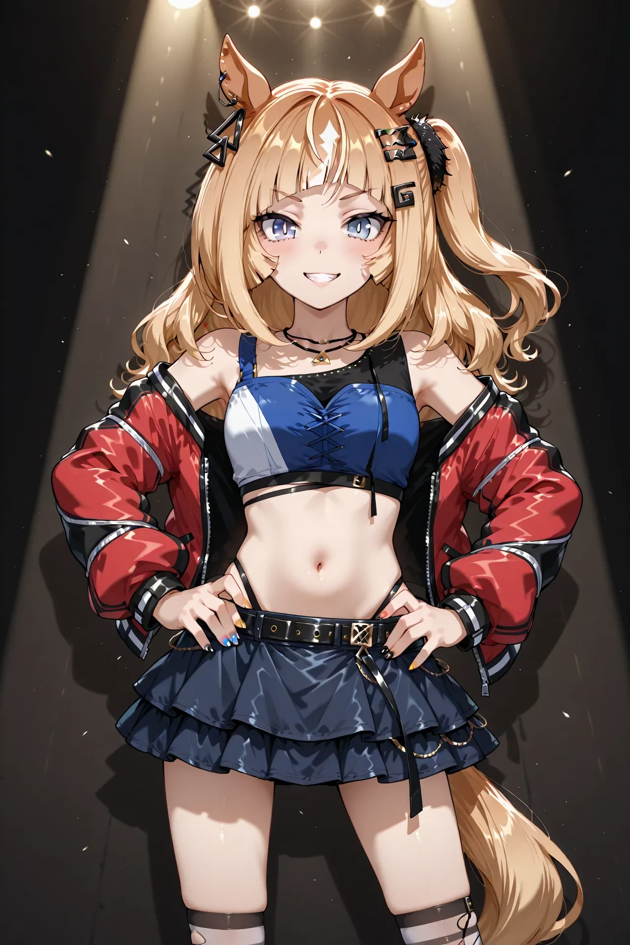 <lora:espoir_city:1>
espoir city \(umamusume\),animal ears,horse girl,horse ears,blonde hair,blue eyes,multicolored hair,
jewelry,blue skirt,hair ornament,socks,open clothes,necklace,bare shoulders,nail polish,long sleeves,navel,red jacket,ear ornament,hairclip,multicolored nails,highleg,miniskirt,crop top,open jacket,, 1girl,solo,smile,looking at viewer,cowboy shot,pose,spotlight,