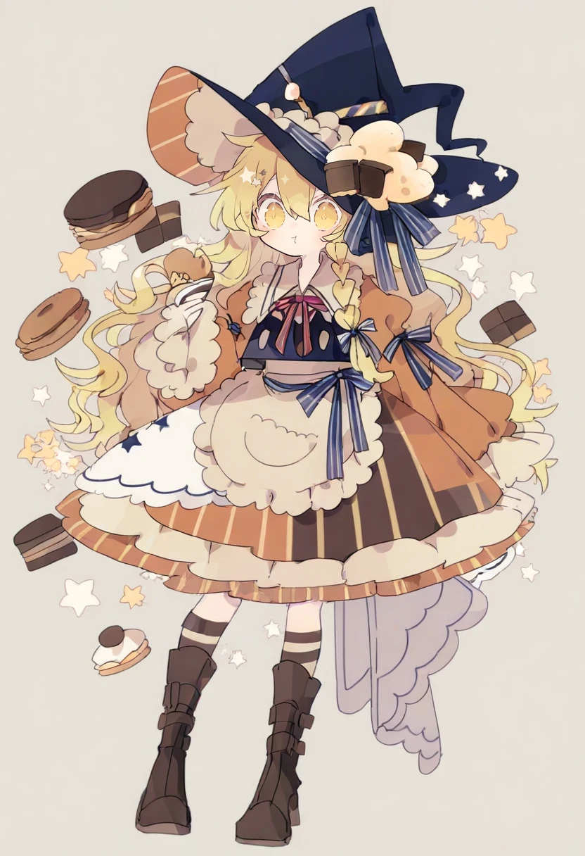 1girl, solo, hat, witch hat, long hair, food, kirisame marisa, yellow eyes, blonde hair, braid, boots, full body, long sleeves, cookie, apron, socks, holding, star \(symbol\), shirt, bow, striped, skirt, waist apron, white background, checkerboard cookie, adapted costume, brown footwear, ribbon, hat bow, black headwear, hair between eyes, simple background, single braid, hat ornament, frills, bangs, striped bow, neck ribbon, sleeves past wrists, standing, buttons, red ribbon, hair bow, puffy sleeves <lora:nikorashiKaXL_il_lokr_V6311P:0.95>
