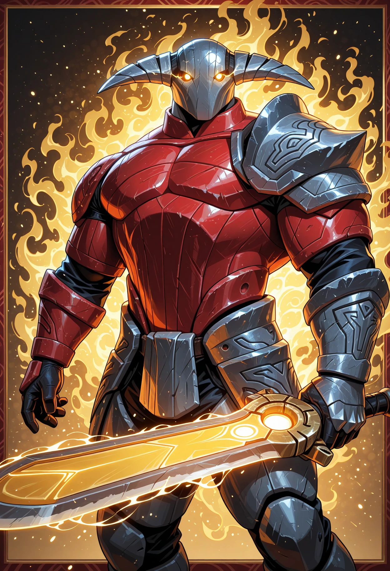 masterpiece, perfect quality, best quality, amazing quality, newest, very aesthetic, hi res, absurdres,
male focus, bara, solo, 1boy, sv3n, helmet, red breastplate, shoulder armor, gloves, yellow eyes, glowing eyes, yellow aura, raising sword, huge muscles, soft lighting, light particles, abstract background, dotted background, red border,